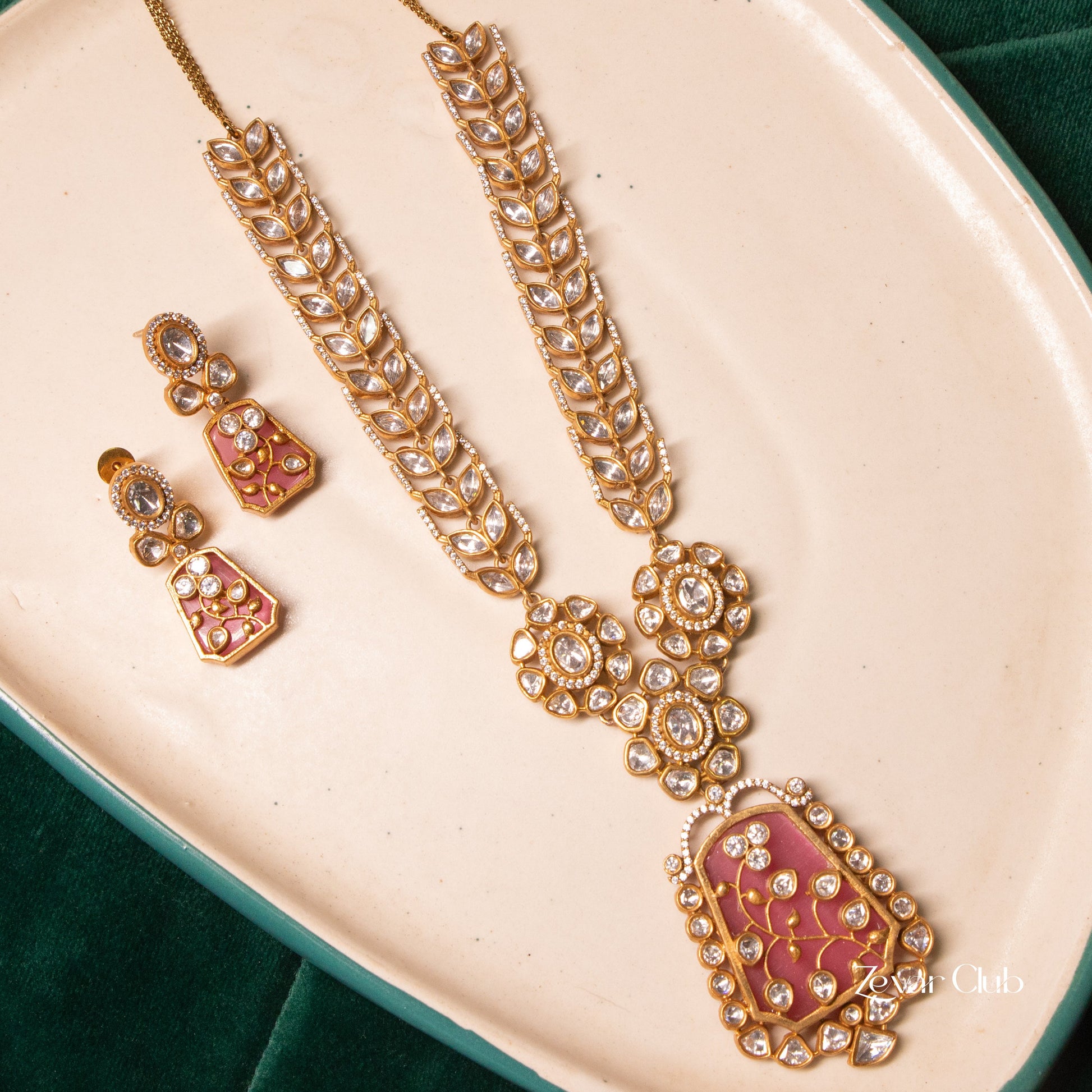 Zevar Club Shimmering Twinkling Pink Long kundan Jewellery Set (18K Gold Plated)