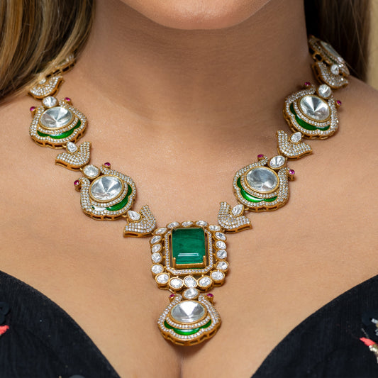 Zevar Club Opulent Luxuriant Green Kundan Victorian diamond Jewellery Set (18K Gold Plated)