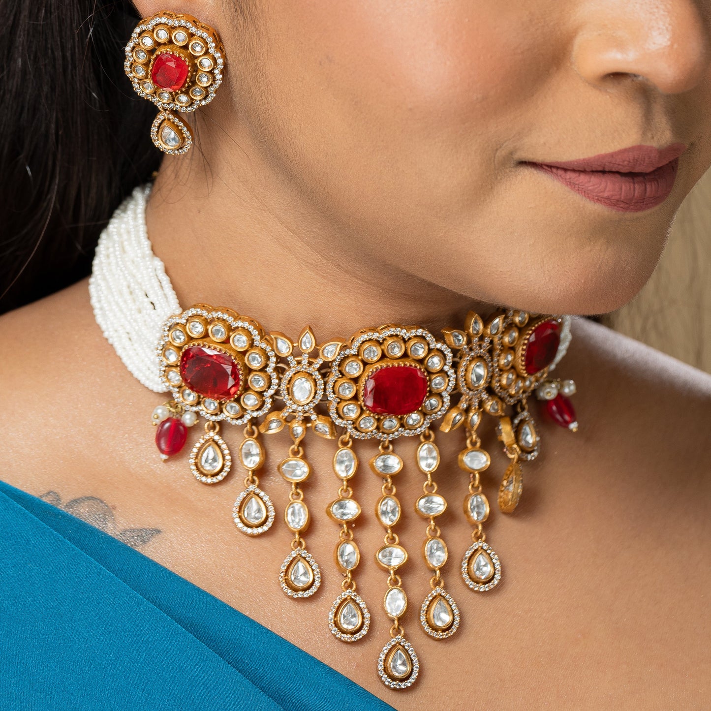 Zevar Club Glamorous Glitzy Red Choker red kundan fine pearl Choker(18K Gold Plated)