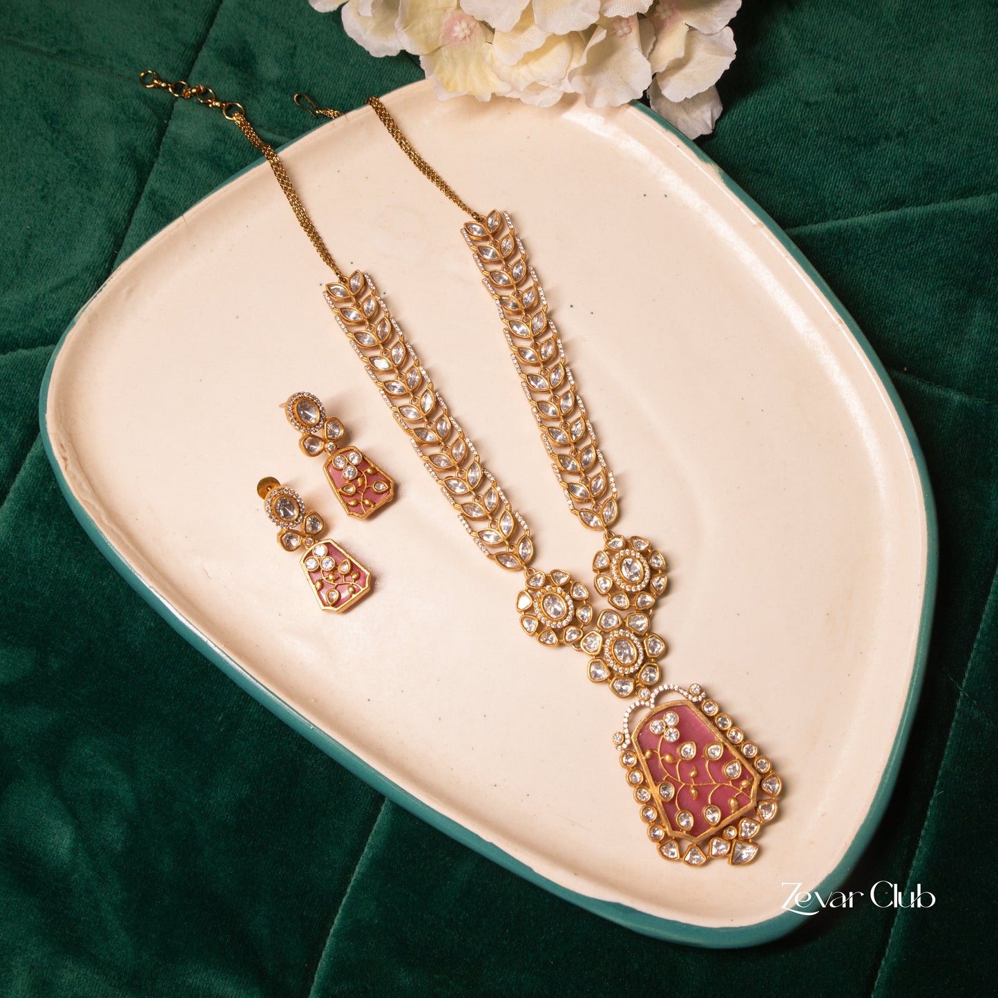 Zevar Club Shimmering Twinkling Pink Long kundan Jewellery Set (18K Gold Plated)