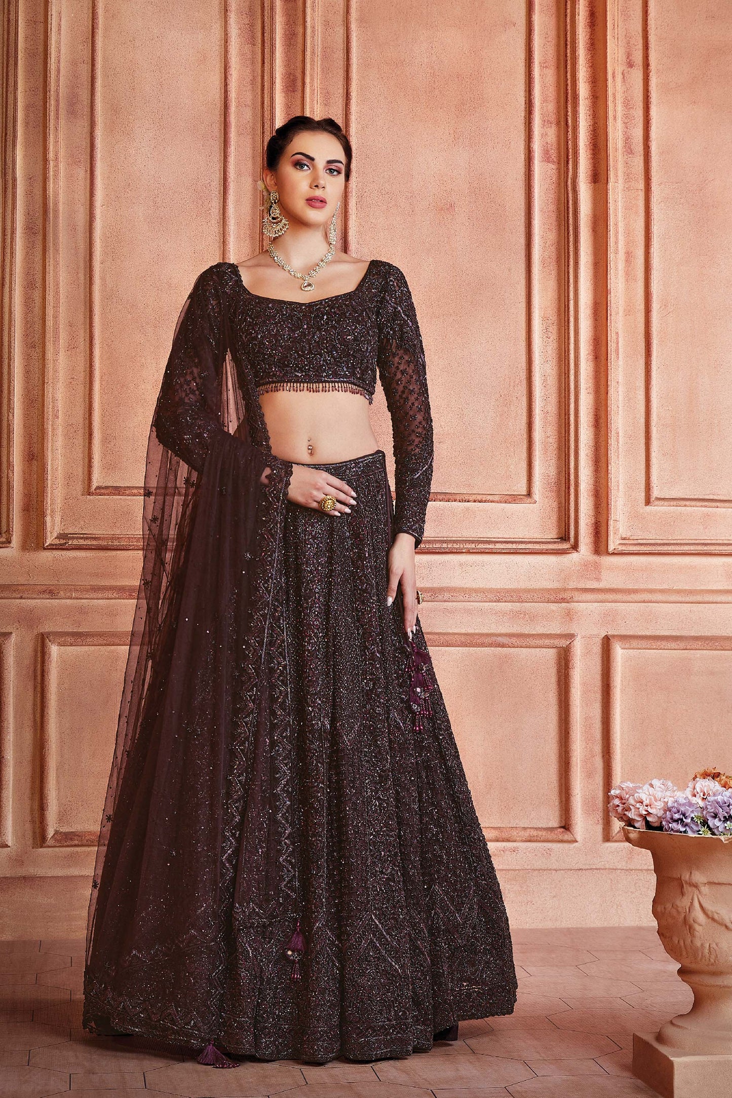 Kalaa Brownie Wine Net Hand Embroidered  Bridal Lehenga