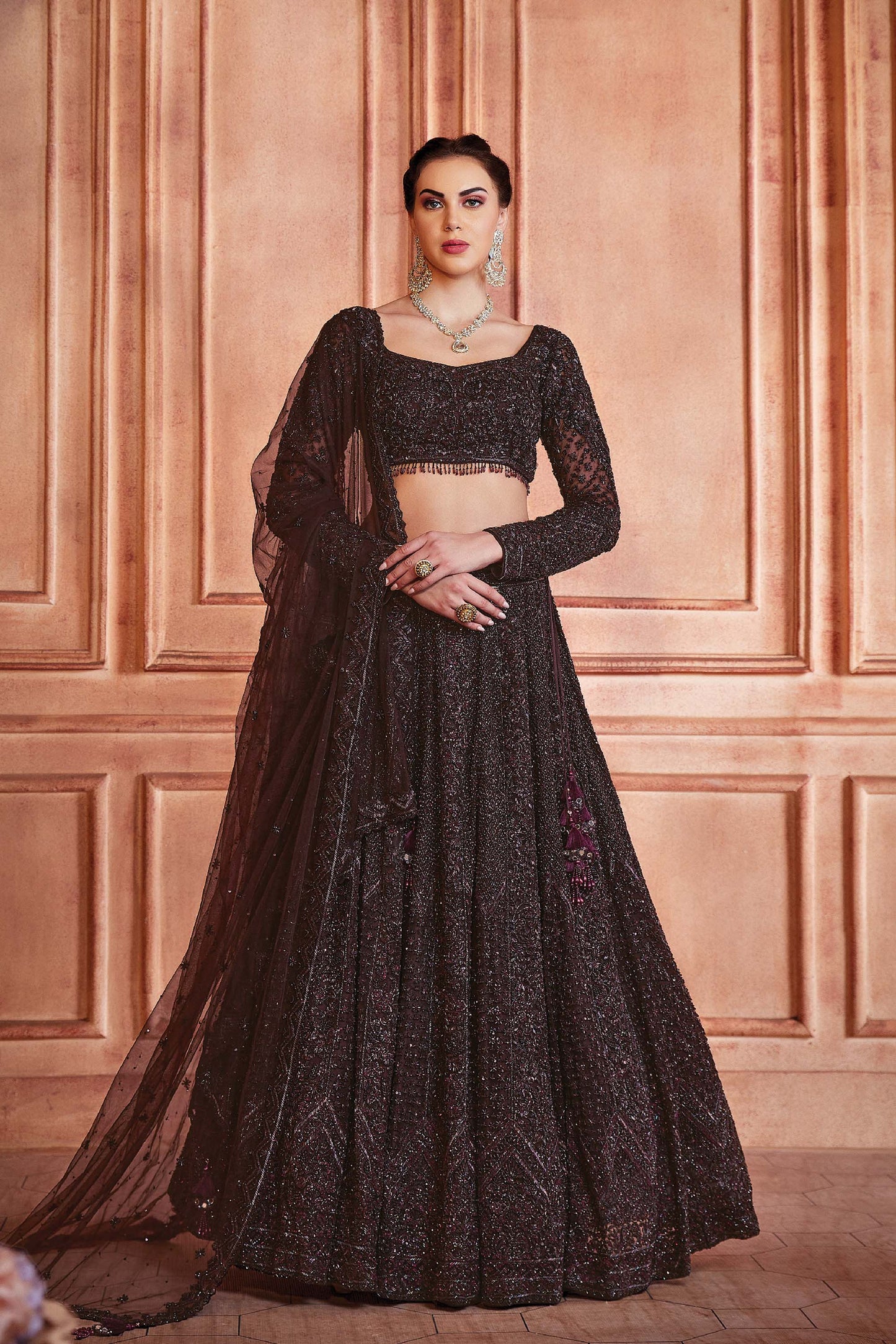 Kalaa Brownie Wine Net Hand Embroidered  Bridal Lehenga