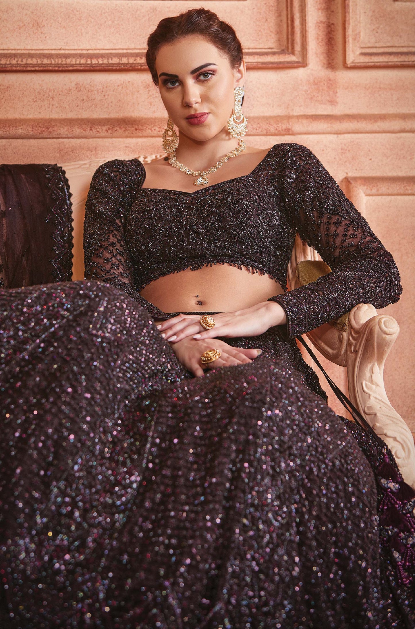 Kalaa Brownie Wine Net Hand Embroidered  Bridal Lehenga