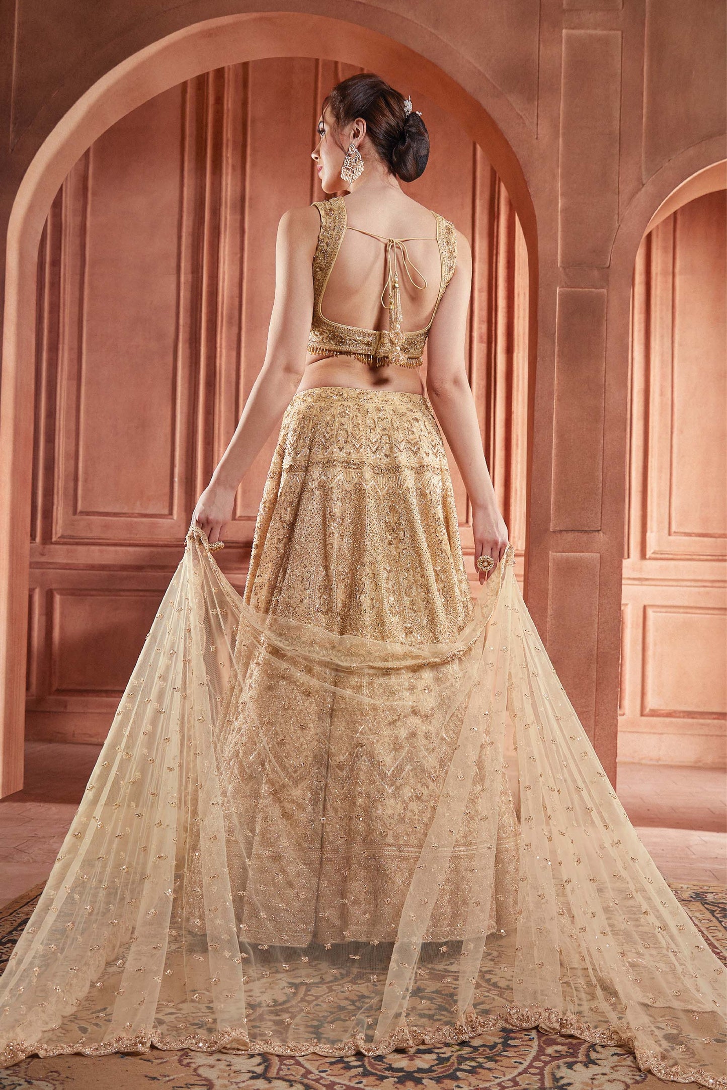 Kalaa Golden Net Hand Embroidered  Bridal Lehenga