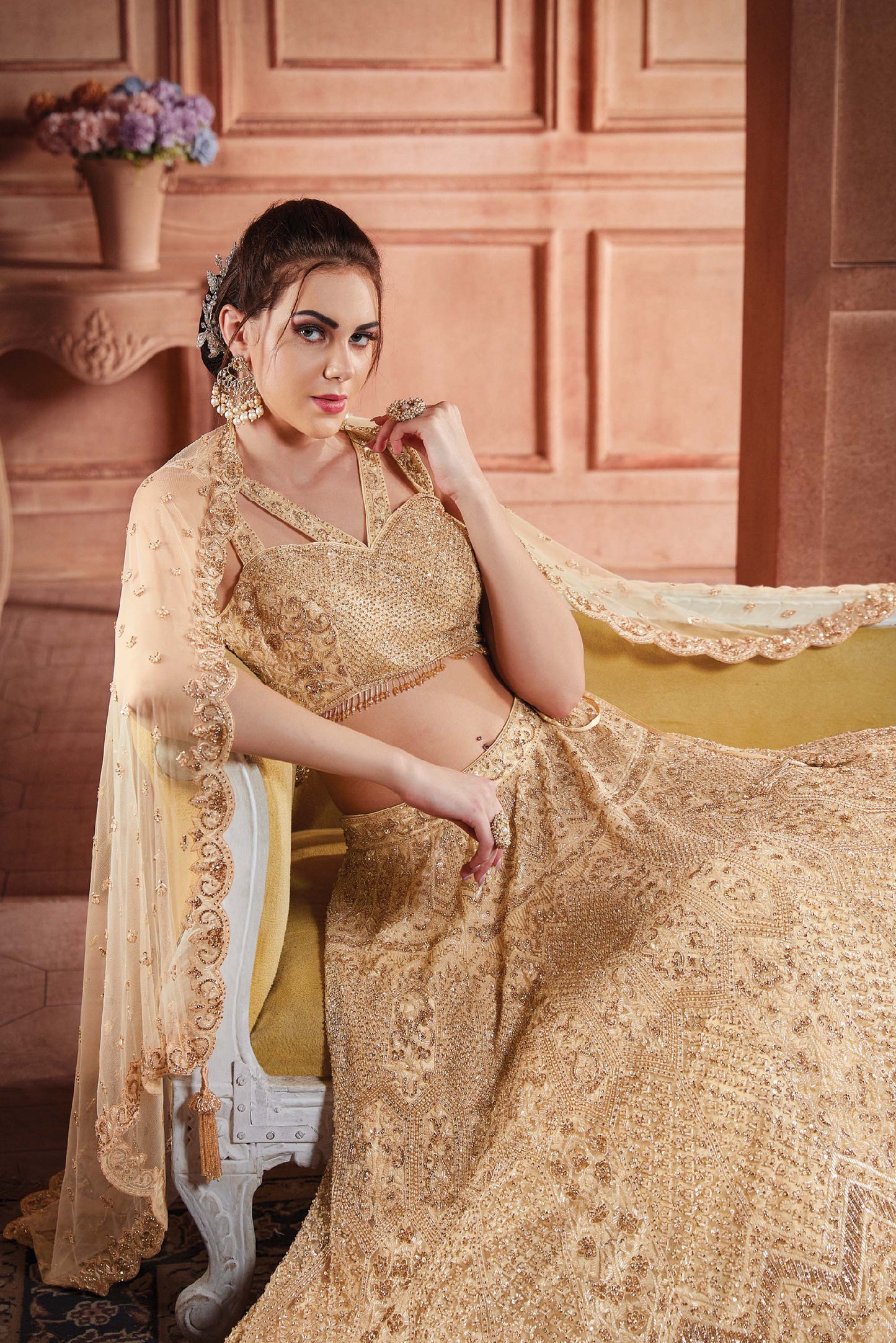 Kalaa Golden Net Hand Embroidered  Bridal Lehenga