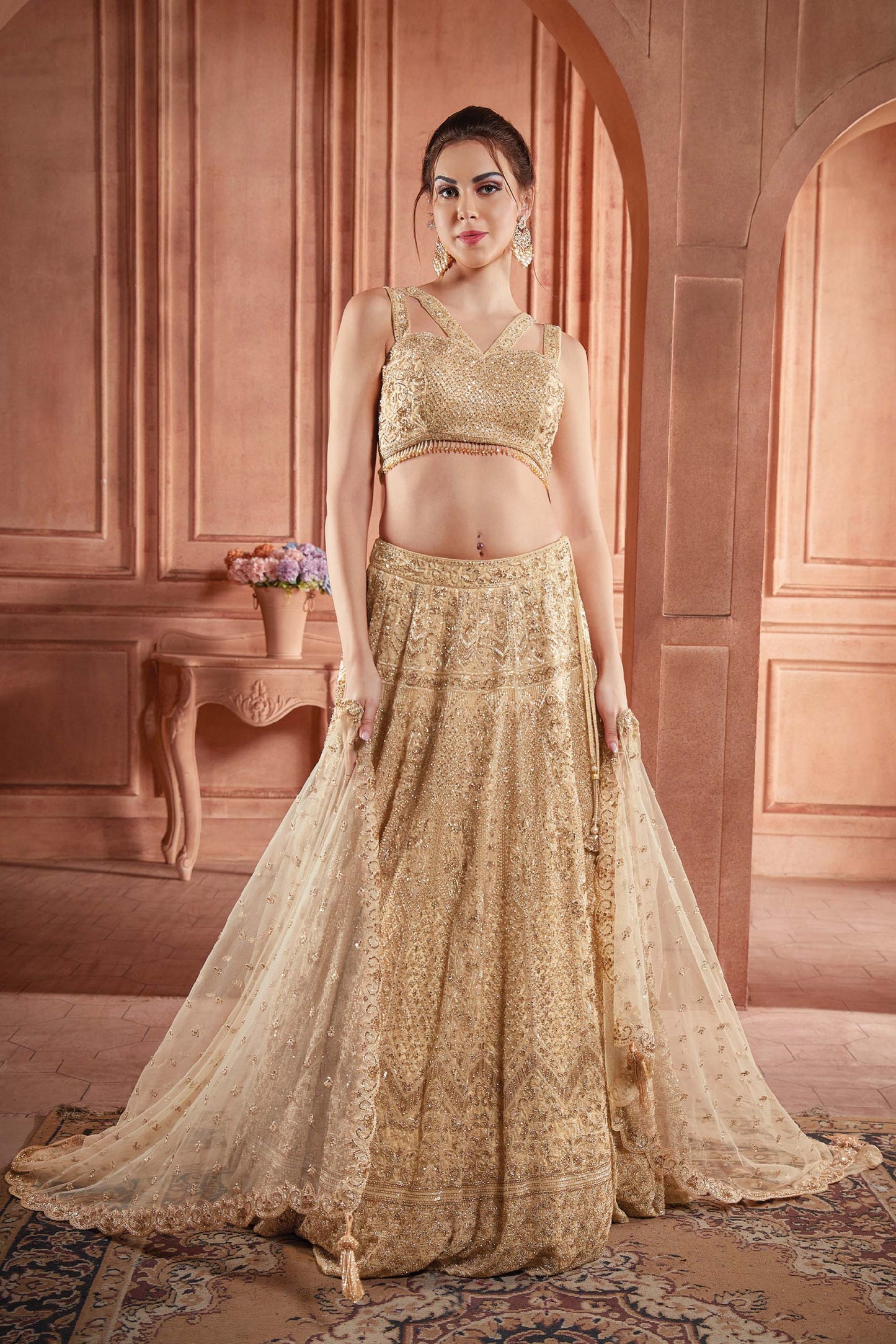 Kalaa Golden Net Hand Embroidered  Bridal Lehenga