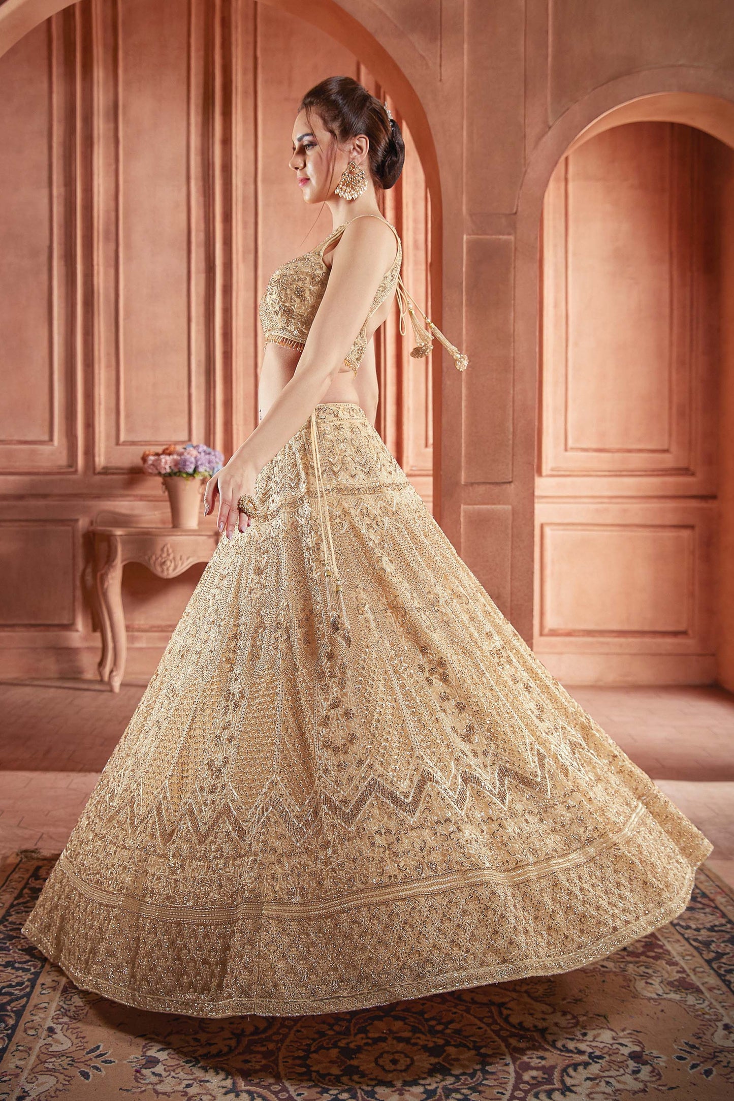 Kalaa Golden Net Hand Embroidered  Bridal Lehenga