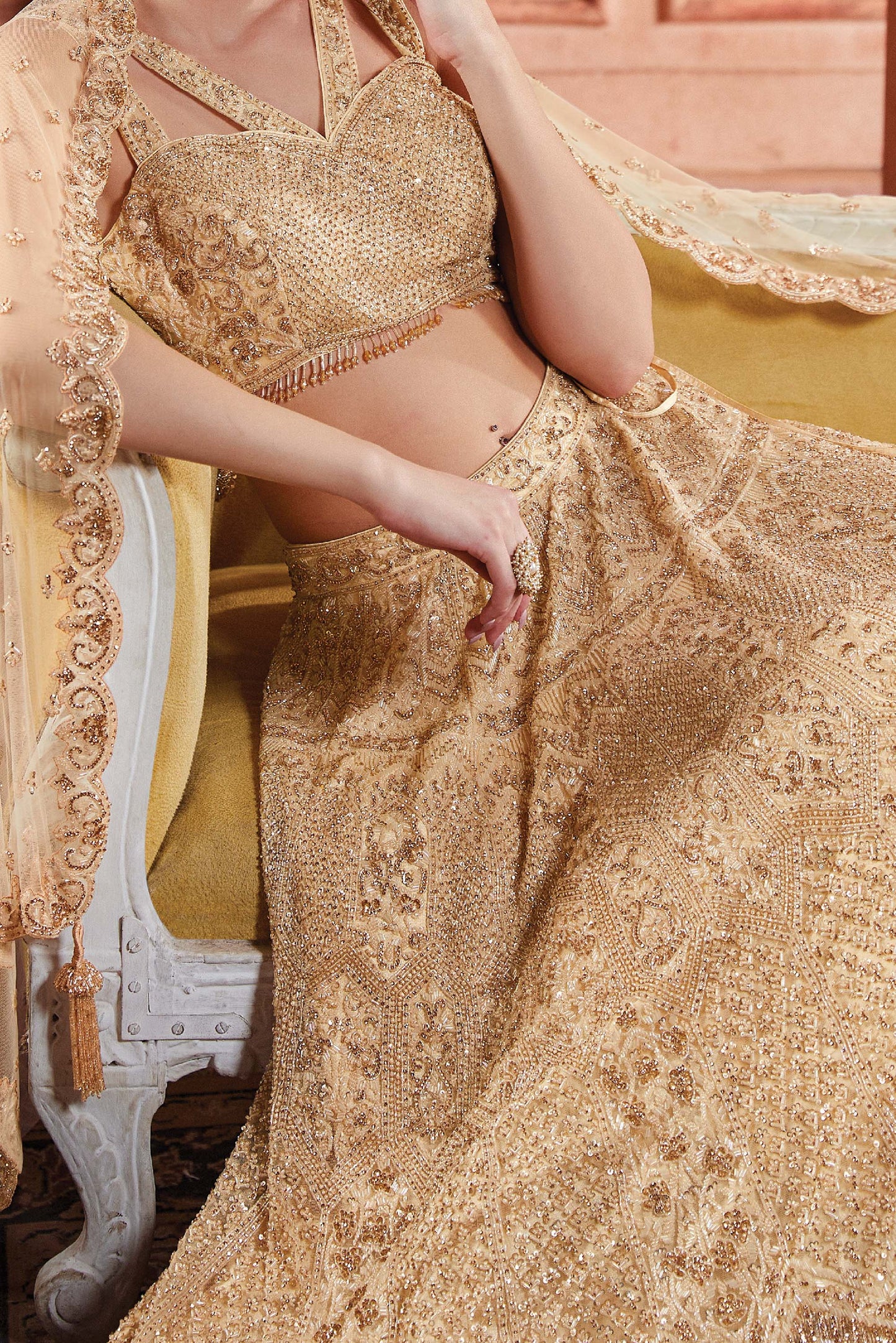 Kalaa Golden Net Hand Embroidered  Bridal Lehenga