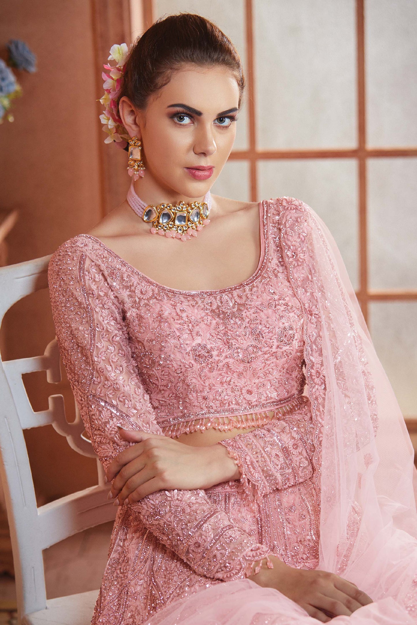 Kalaa Pink Net Hand Embroidered Bridal Lehenga