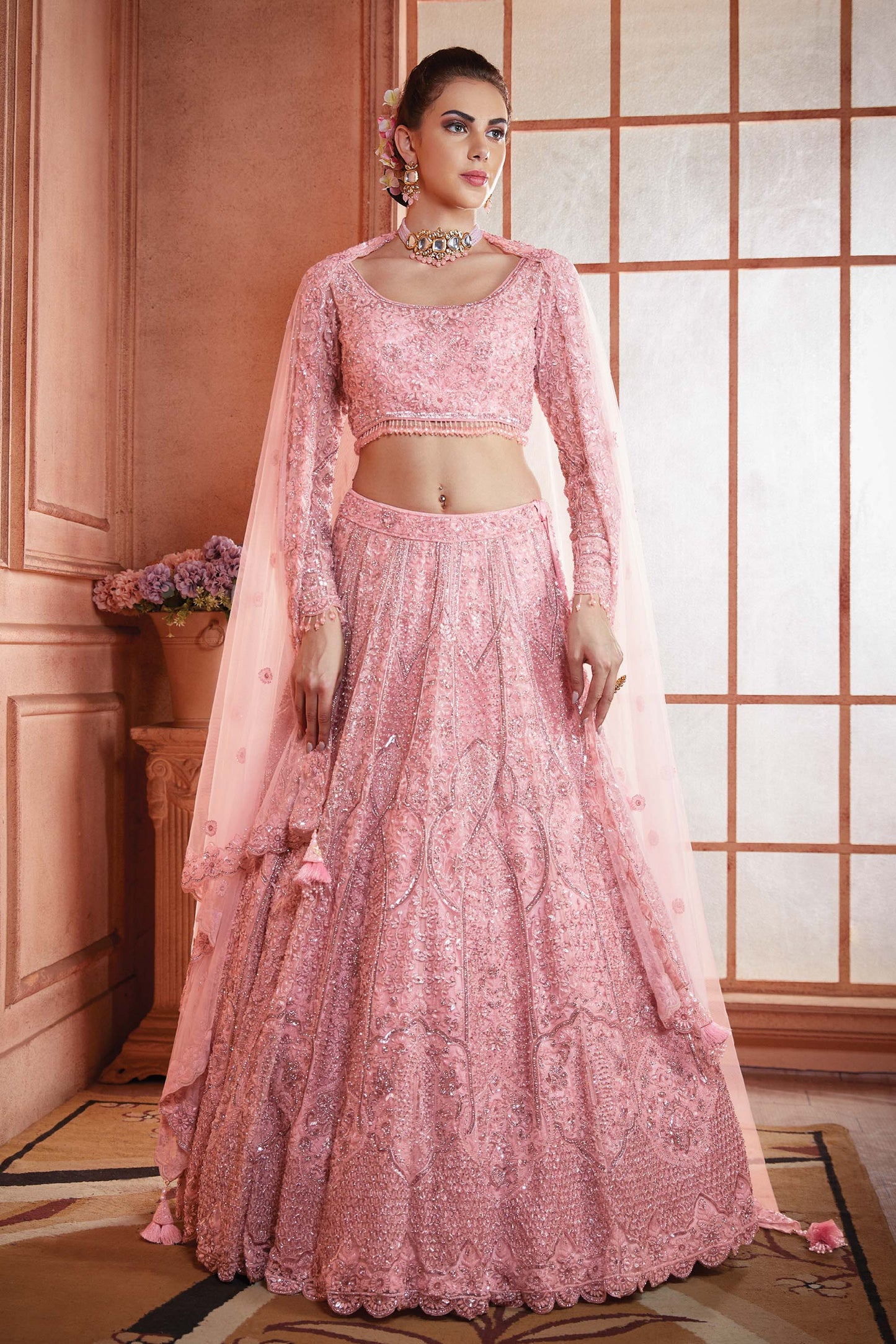 Kalaa Pink Net Hand Embroidered Bridal Lehenga