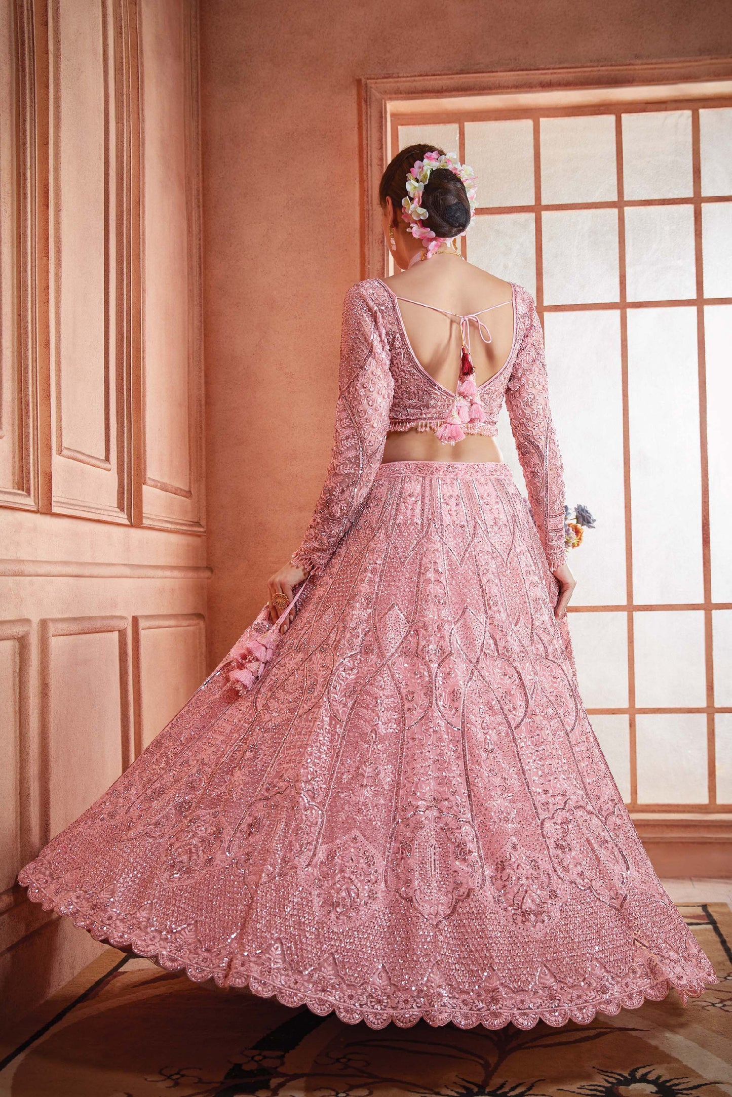 Kalaa Pink Net Hand Embroidered Bridal Lehenga