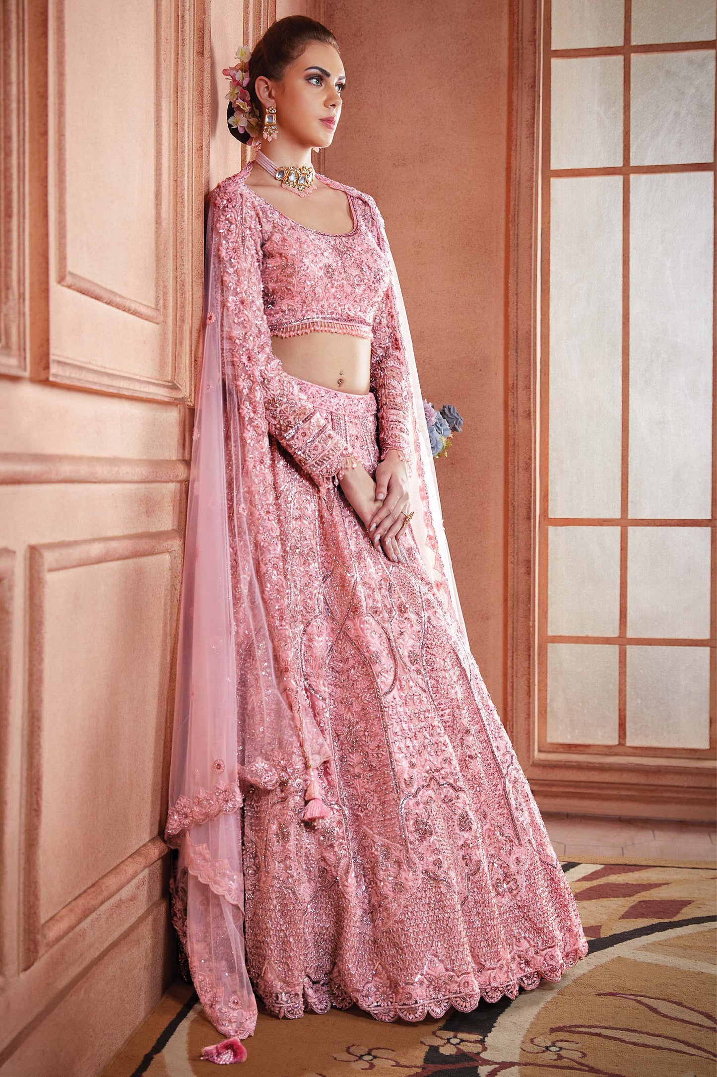 Kalaa Pink Net Hand Embroidered Bridal Lehenga