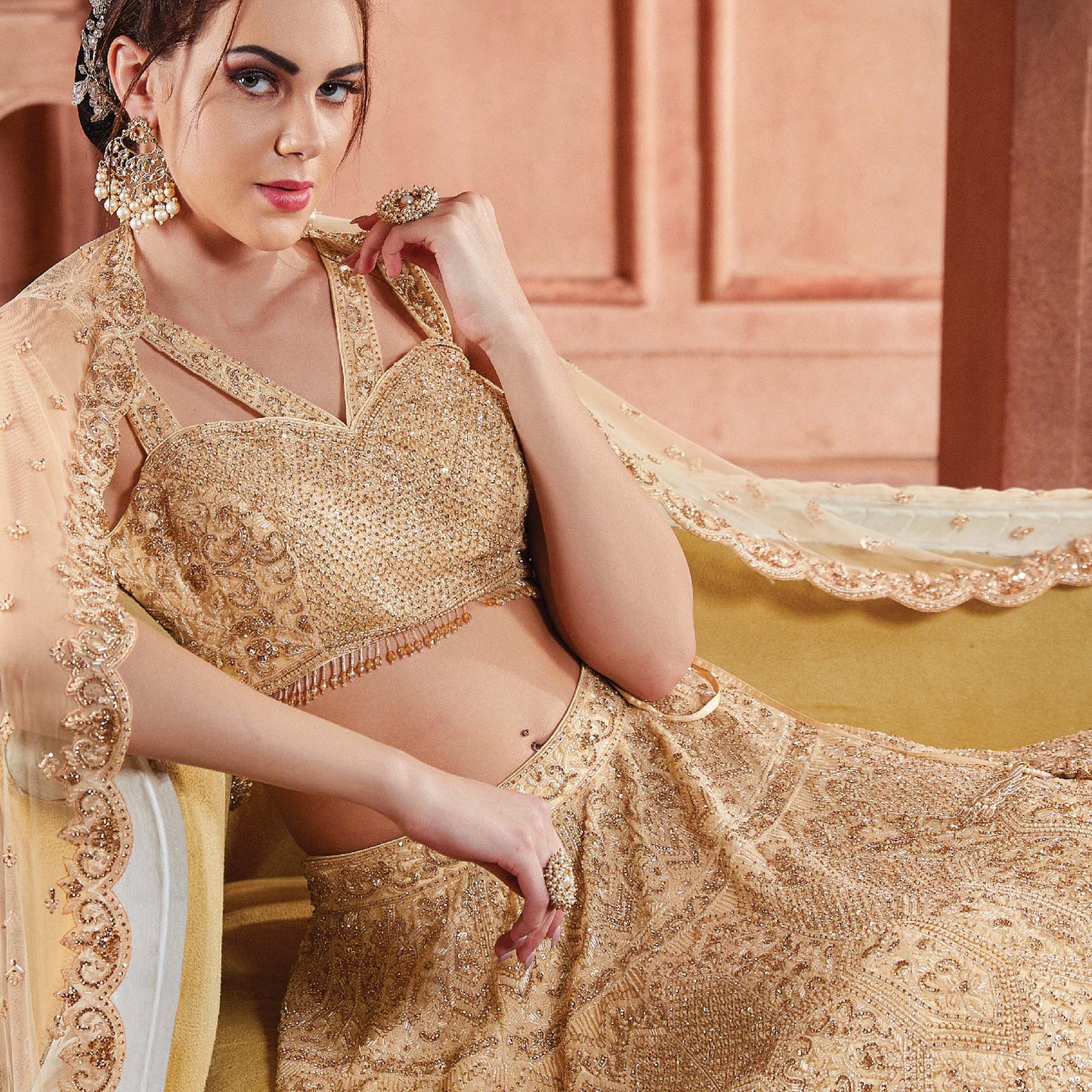 Kalaa Golden Net Hand Embroidered  Bridal Lehenga