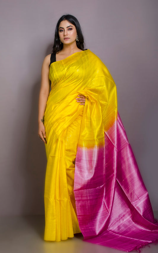 Premium Soft Dupion Tussar Silk Saree in Yellow and Pink