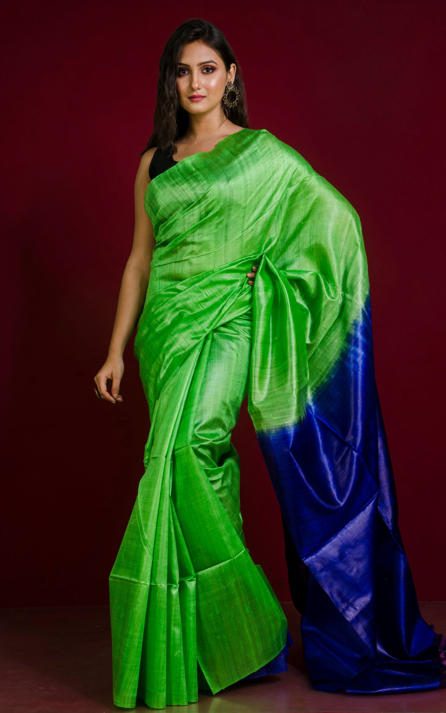 Premium Handloom Dupion Tussar Silk Saree in Leaf Green and Royal Blue