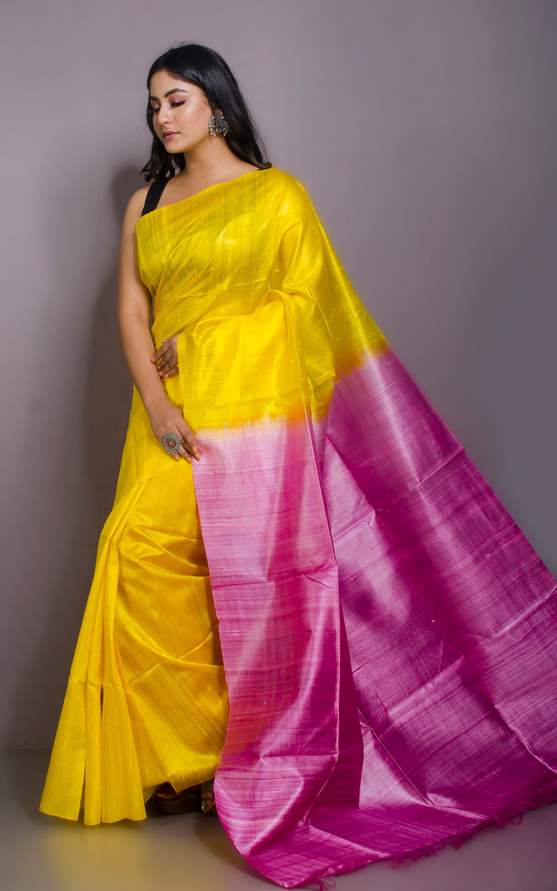 Premium Soft Dupion Tussar Silk Saree in Yellow and Pink