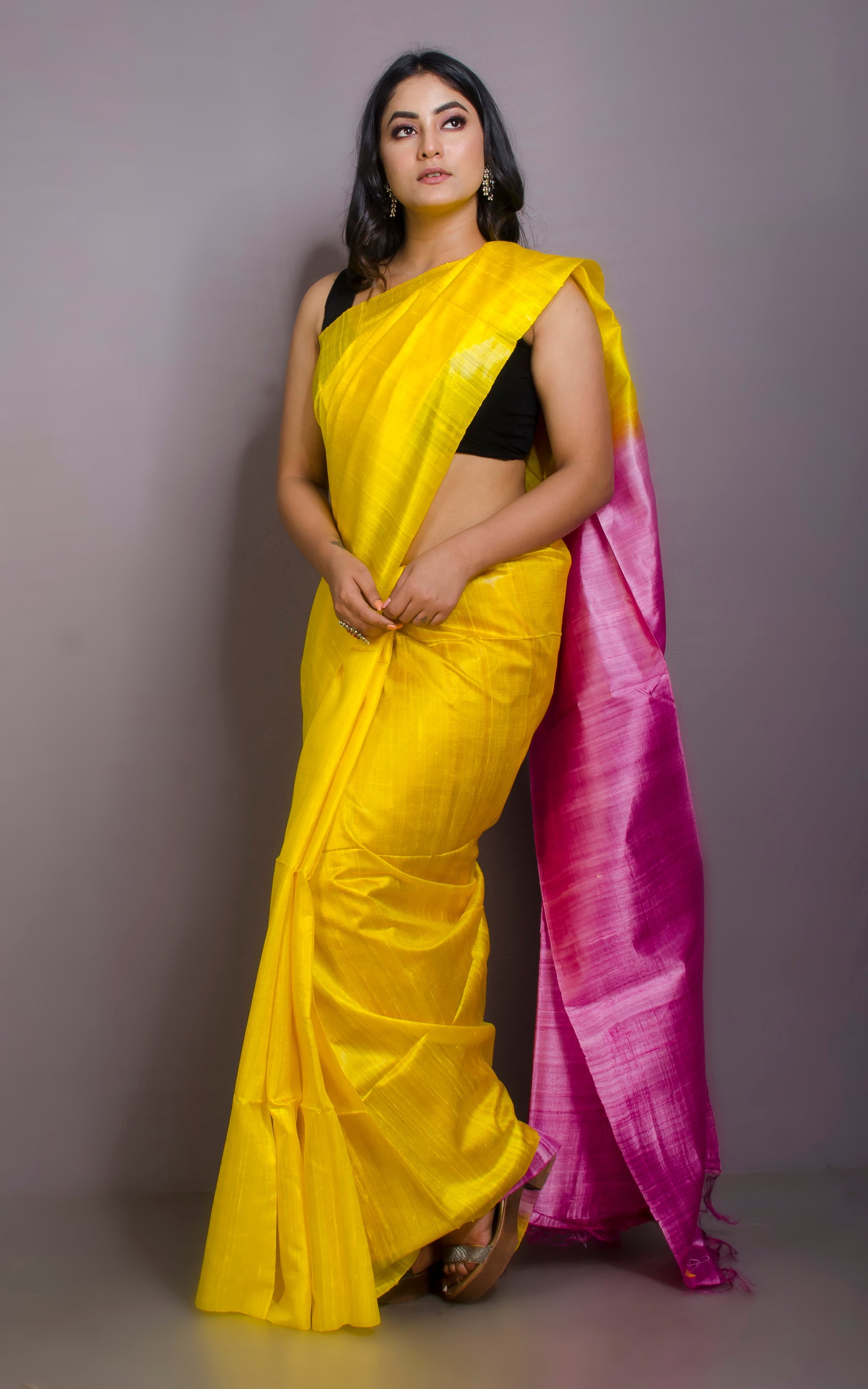 Premium Soft Dupion Tussar Silk Saree in Yellow and Pink