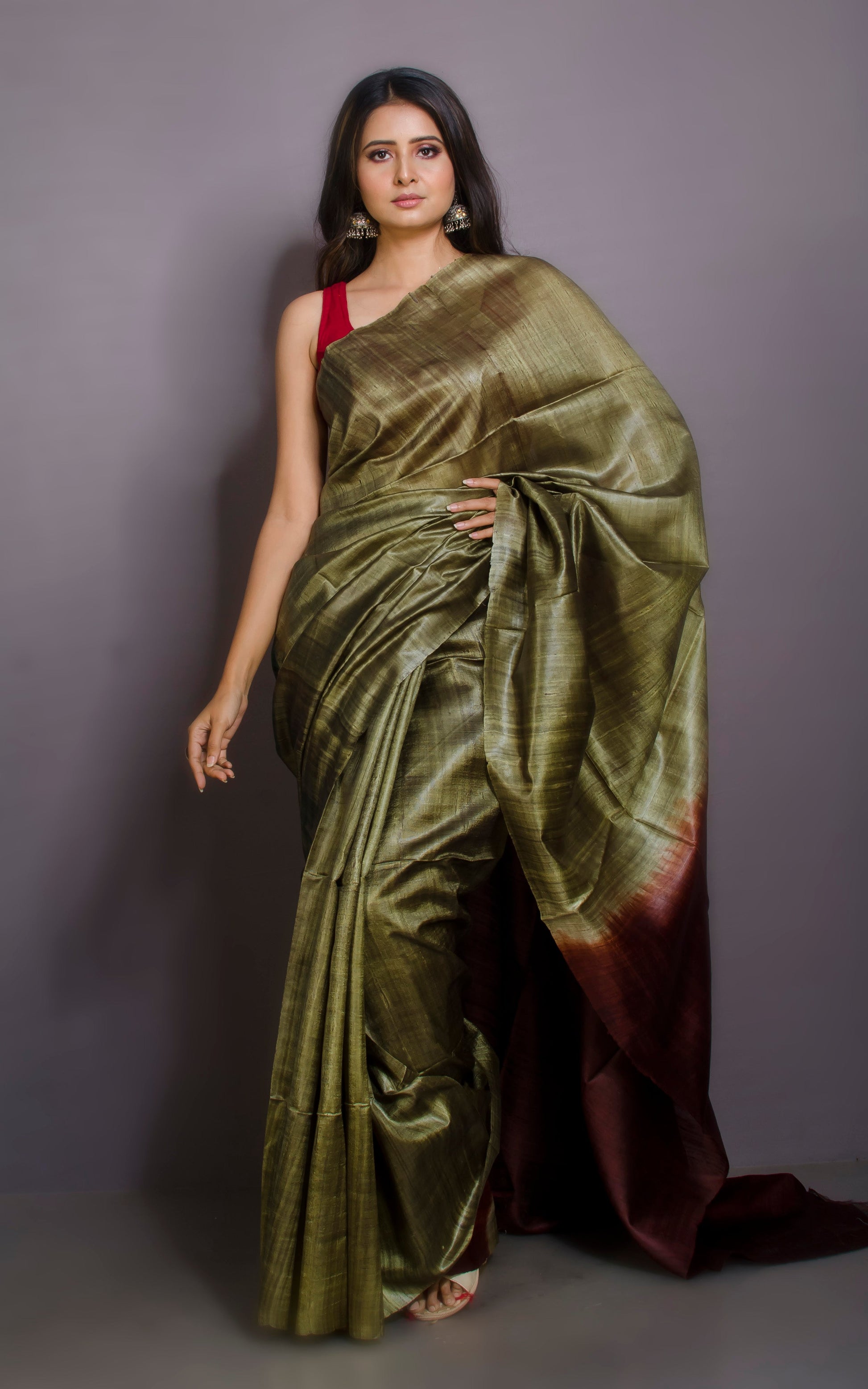 Premium Soft Dupion Tussar Silk Saree in Pistachio Green and Pecan Brown