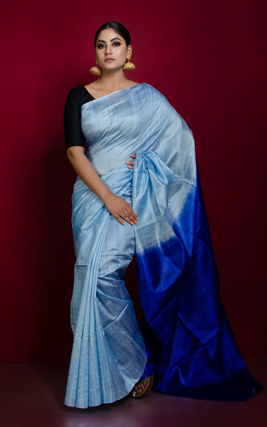 Premium Soft Dupion Tussar Silk Saree in Baby Blue and Cobalt Blue