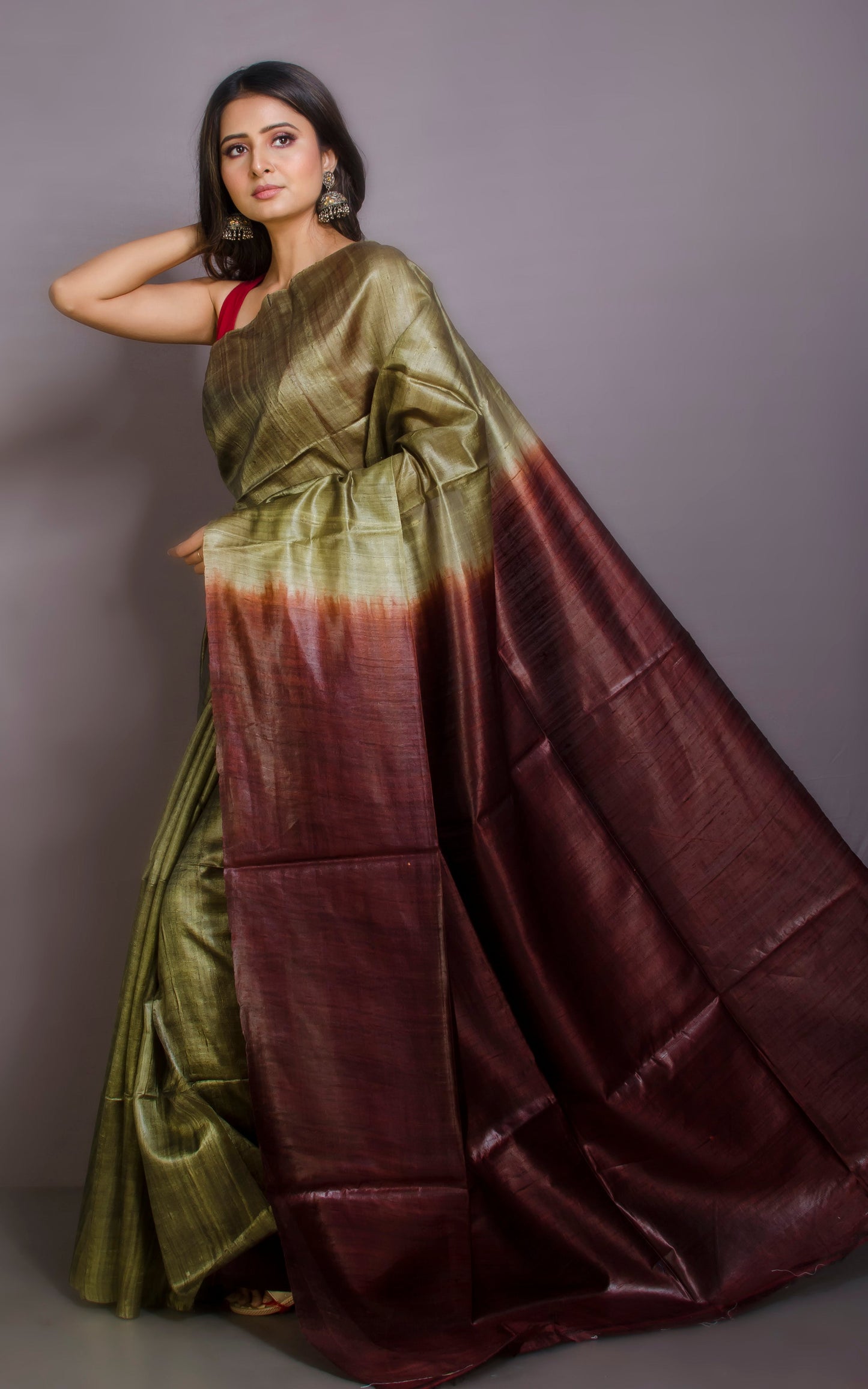 Premium Soft Dupion Tussar Silk Saree in Pistachio Green and Pecan Brown