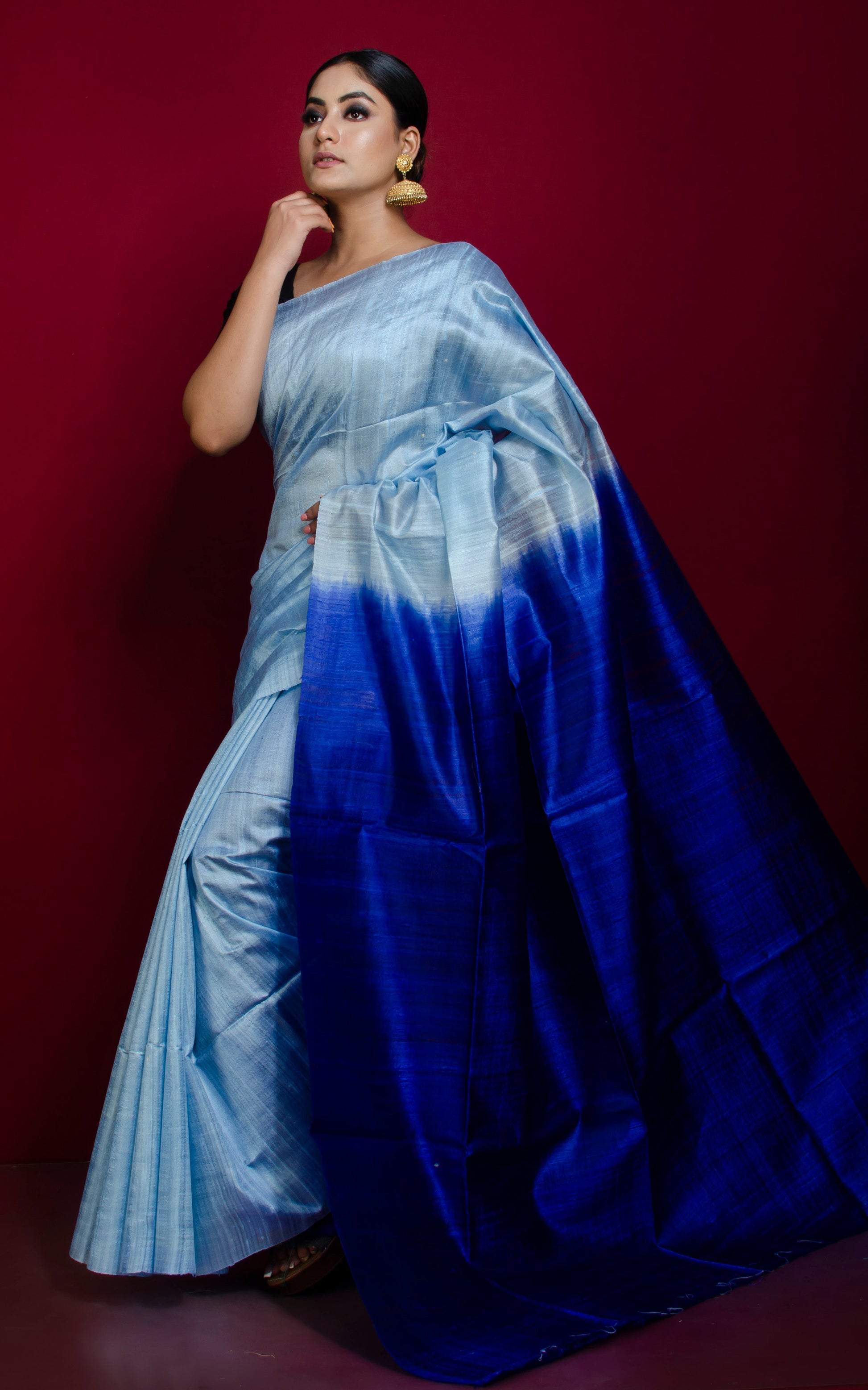 Premium Soft Dupion Tussar Silk Saree in Baby Blue and Cobalt Blue