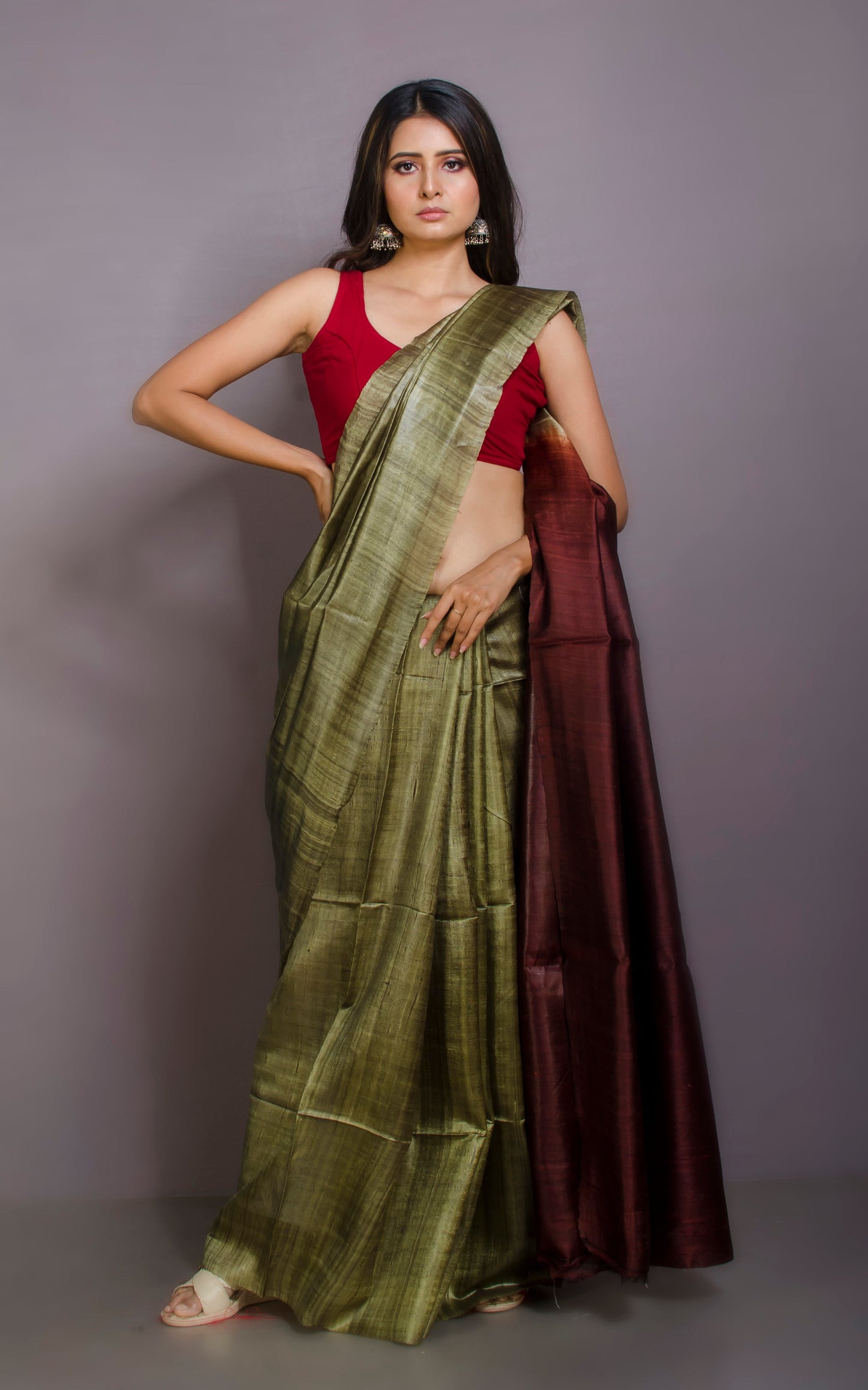 Premium Soft Dupion Tussar Silk Saree in Pistachio Green and Pecan Brown