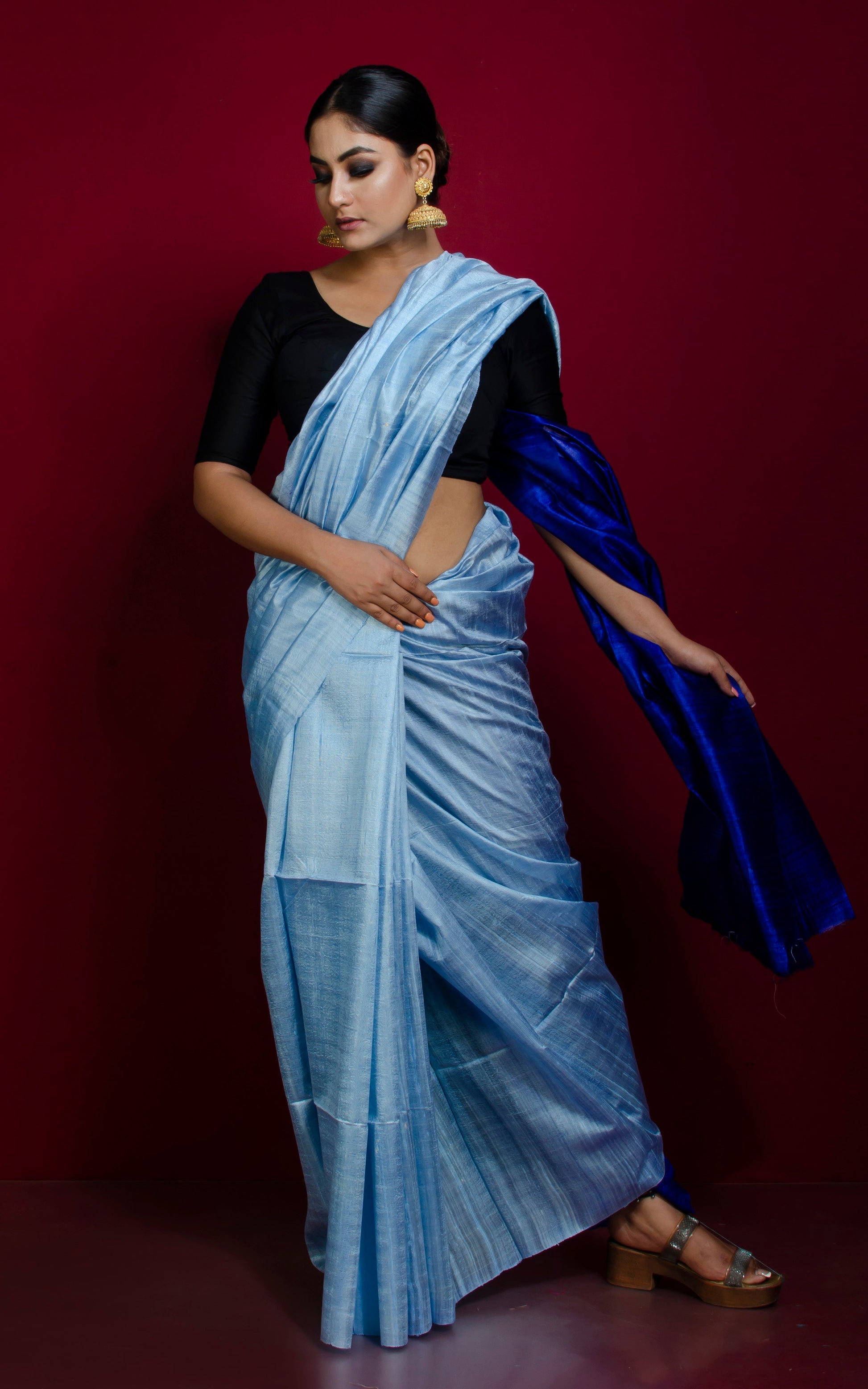 Premium Soft Dupion Tussar Silk Saree in Baby Blue and Cobalt Blue