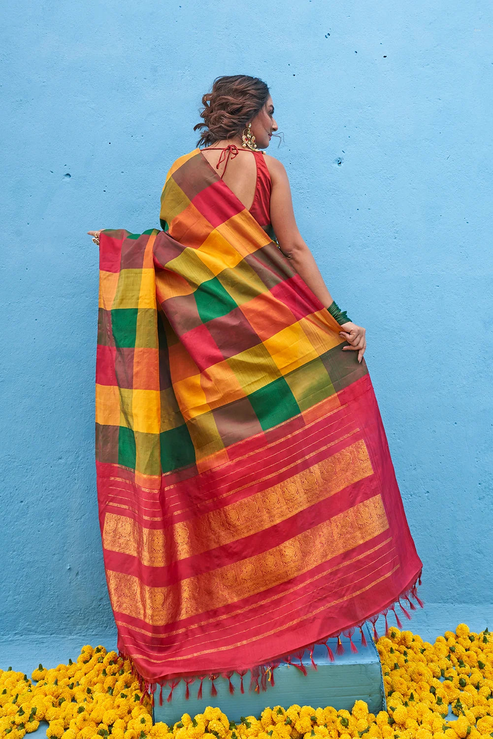 Handloom Maroon Pure Silk Saree With Multi Colour Check Boxes & Gold Zari Pallu