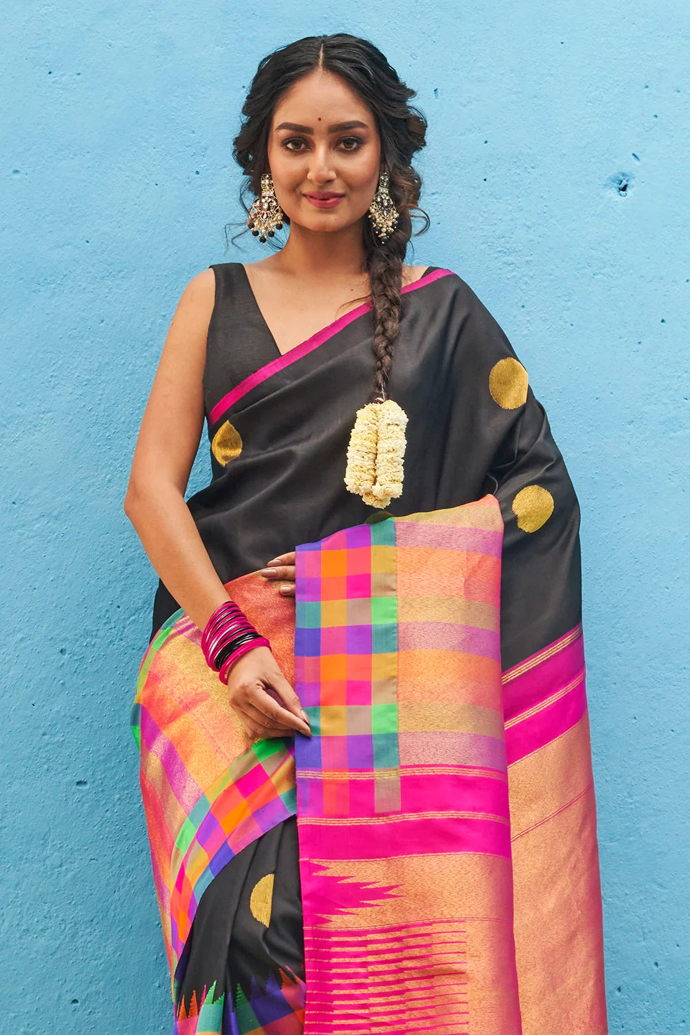 Handloom Black & Hot Pink Pure Silk Kanjeevaram Saree & Gold Zari