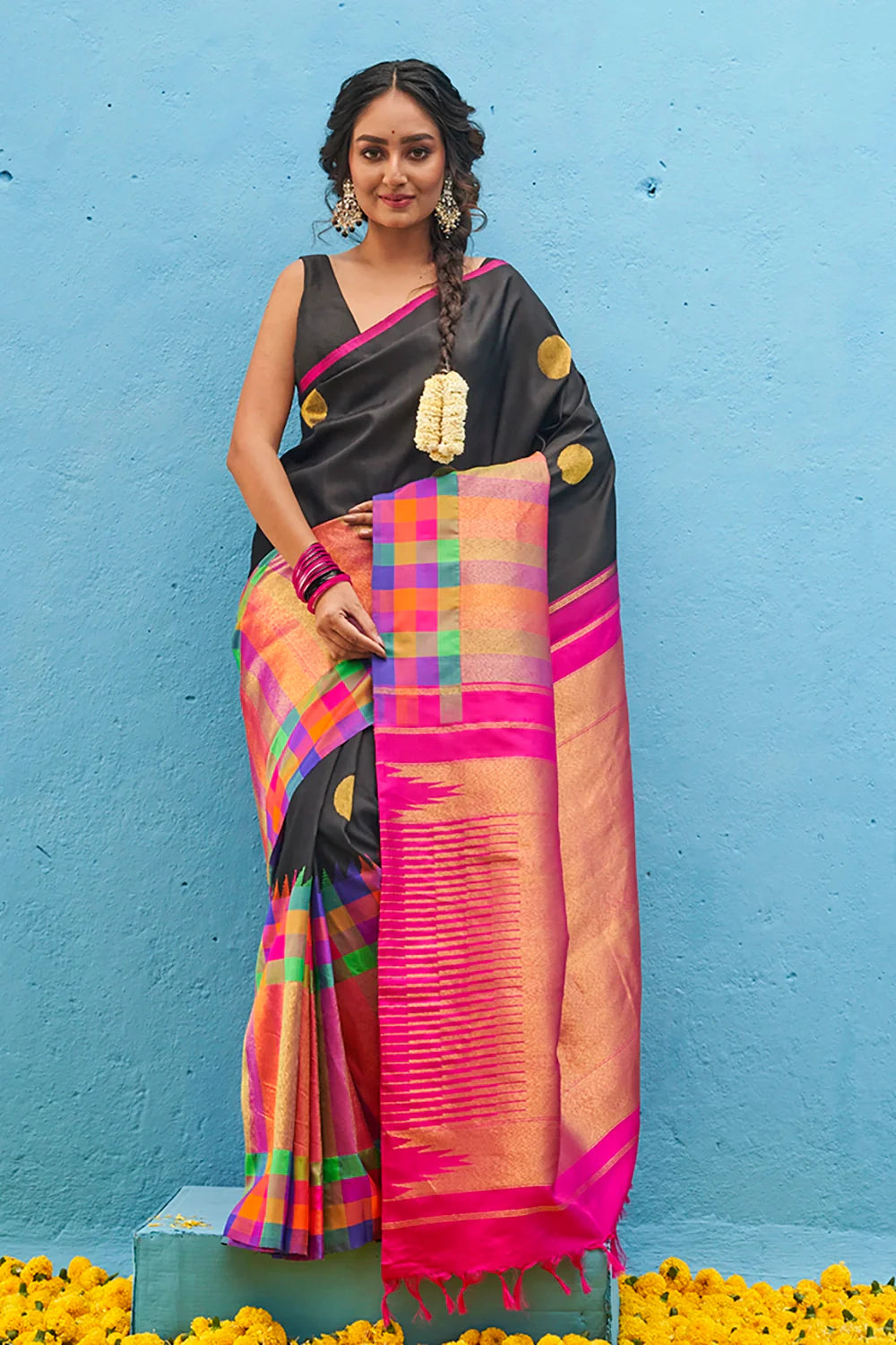 Handloom Black & Hot Pink Pure Silk Kanjeevaram Saree & Gold Zari