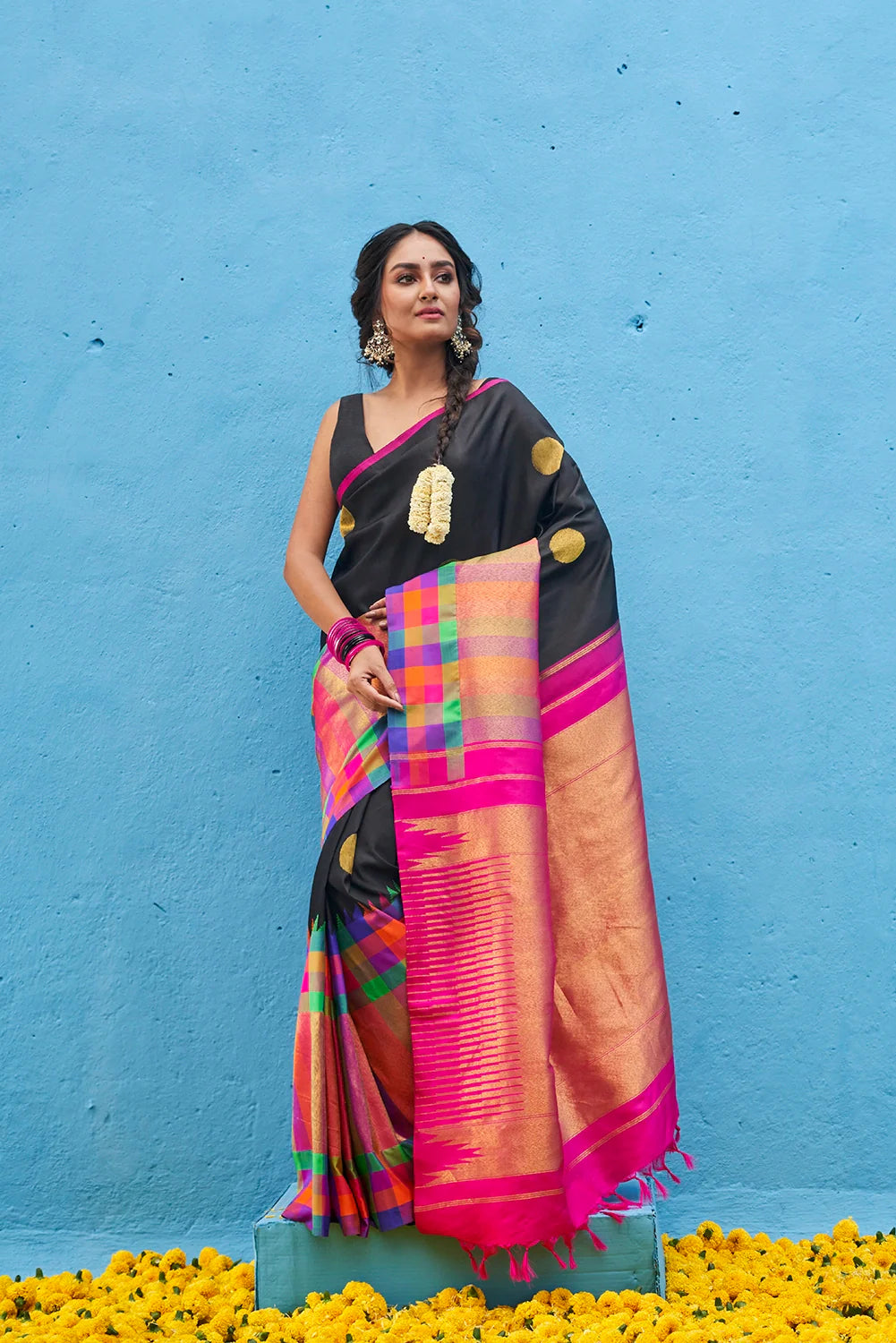 Handloom Black & Hot Pink Pure Silk Kanjeevaram Saree & Gold Zari