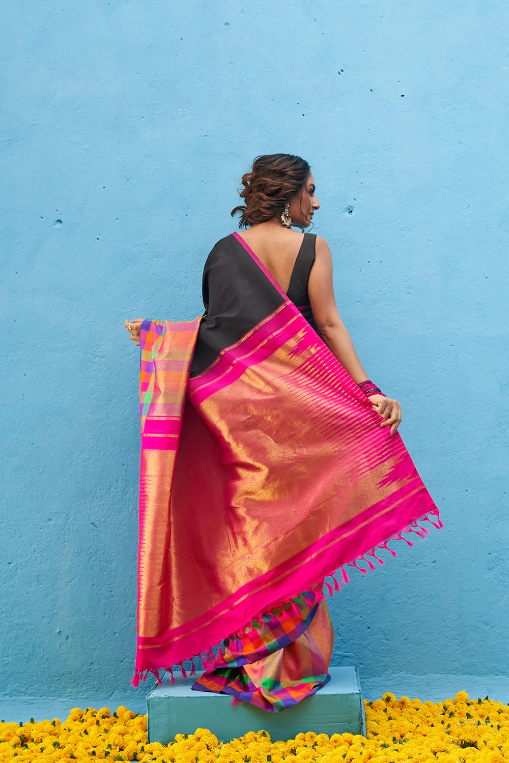 Handloom Black & Hot Pink Pure Silk Kanjeevaram Saree & Gold Zari