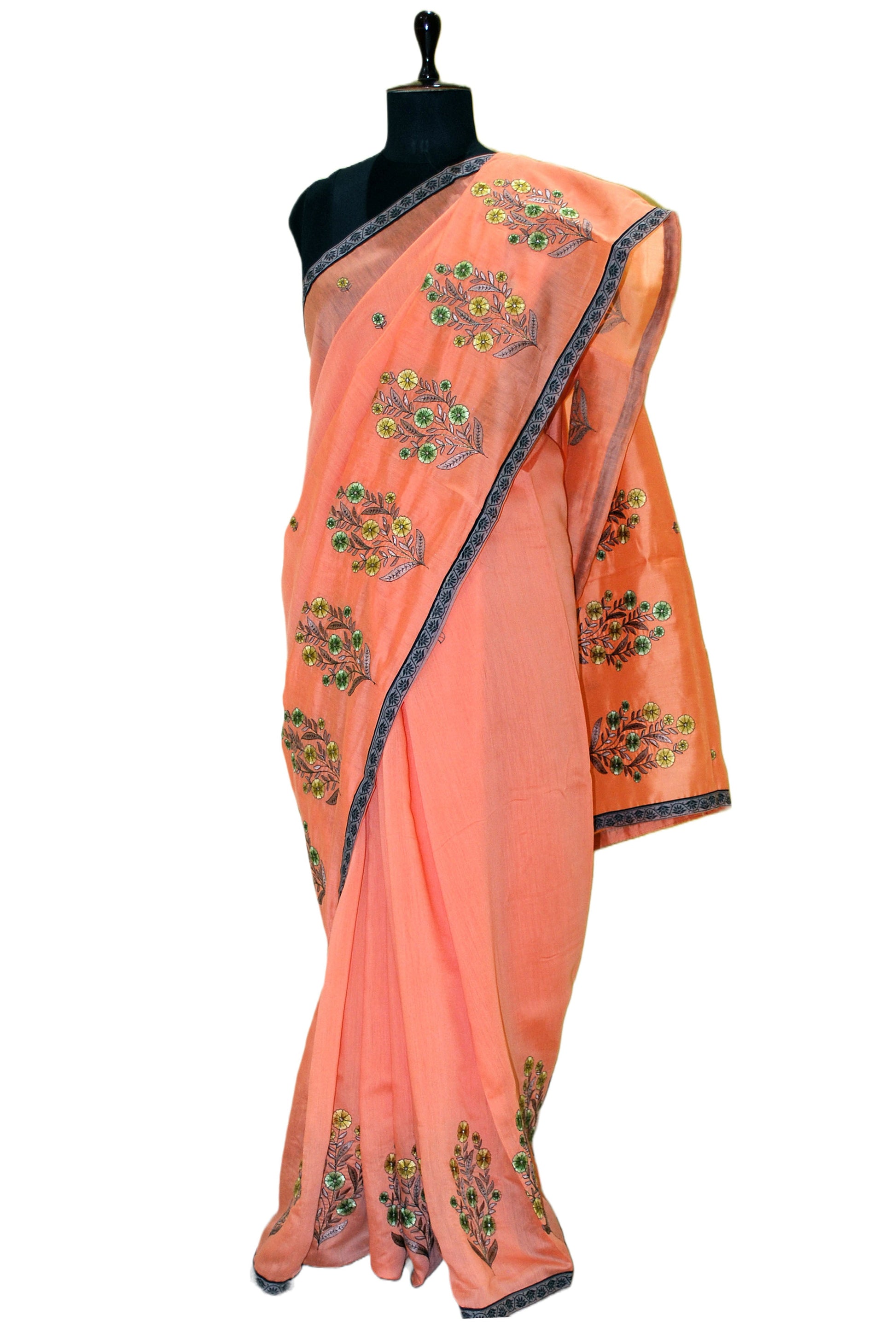 Embroidery Work Semi Georgette Saree in Soap Orange, Black And Multicolored