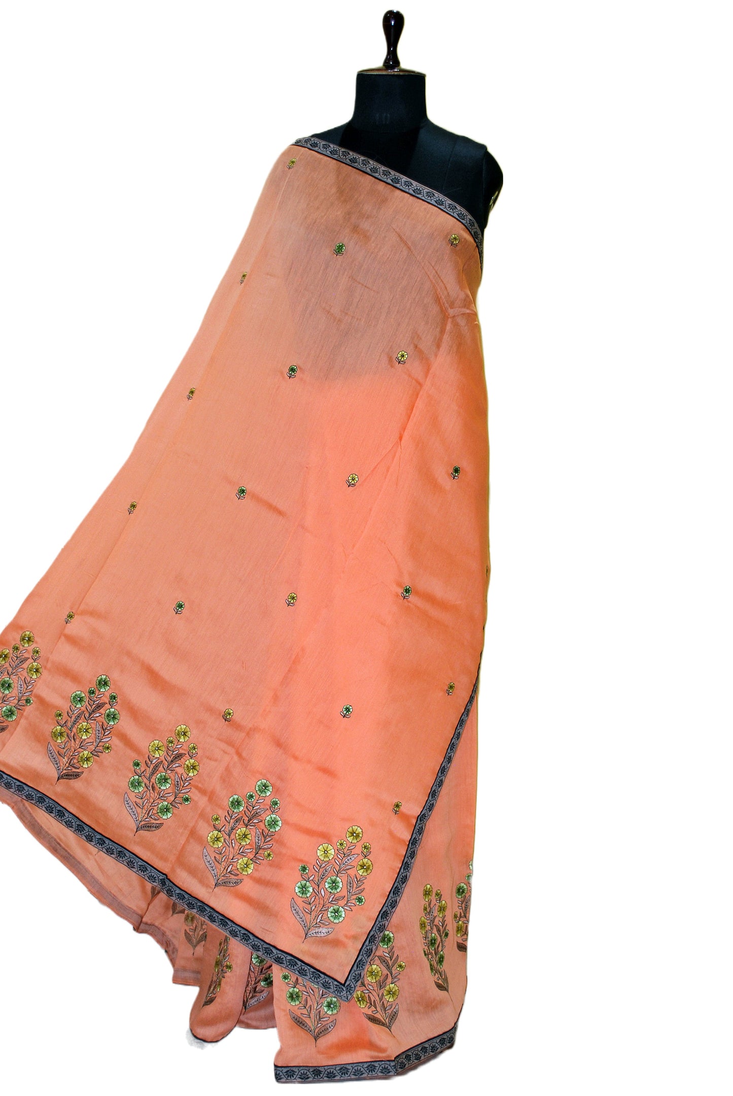 Embroidery Work Semi Georgette Saree in Soap Orange, Black And Multicolored