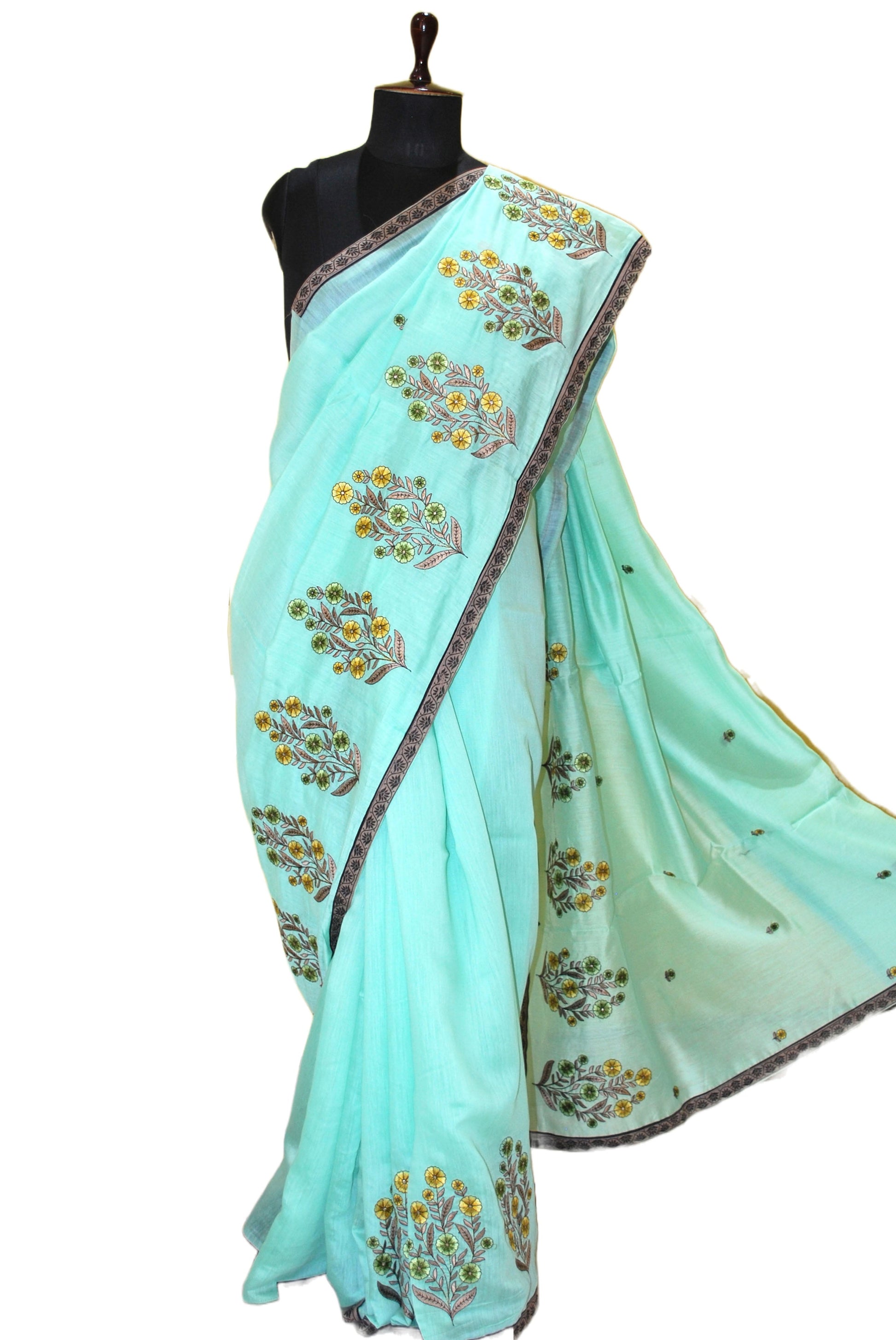 Embroidery Work Semi Georgette Saree in Seafoam Green, Black And Multicolored