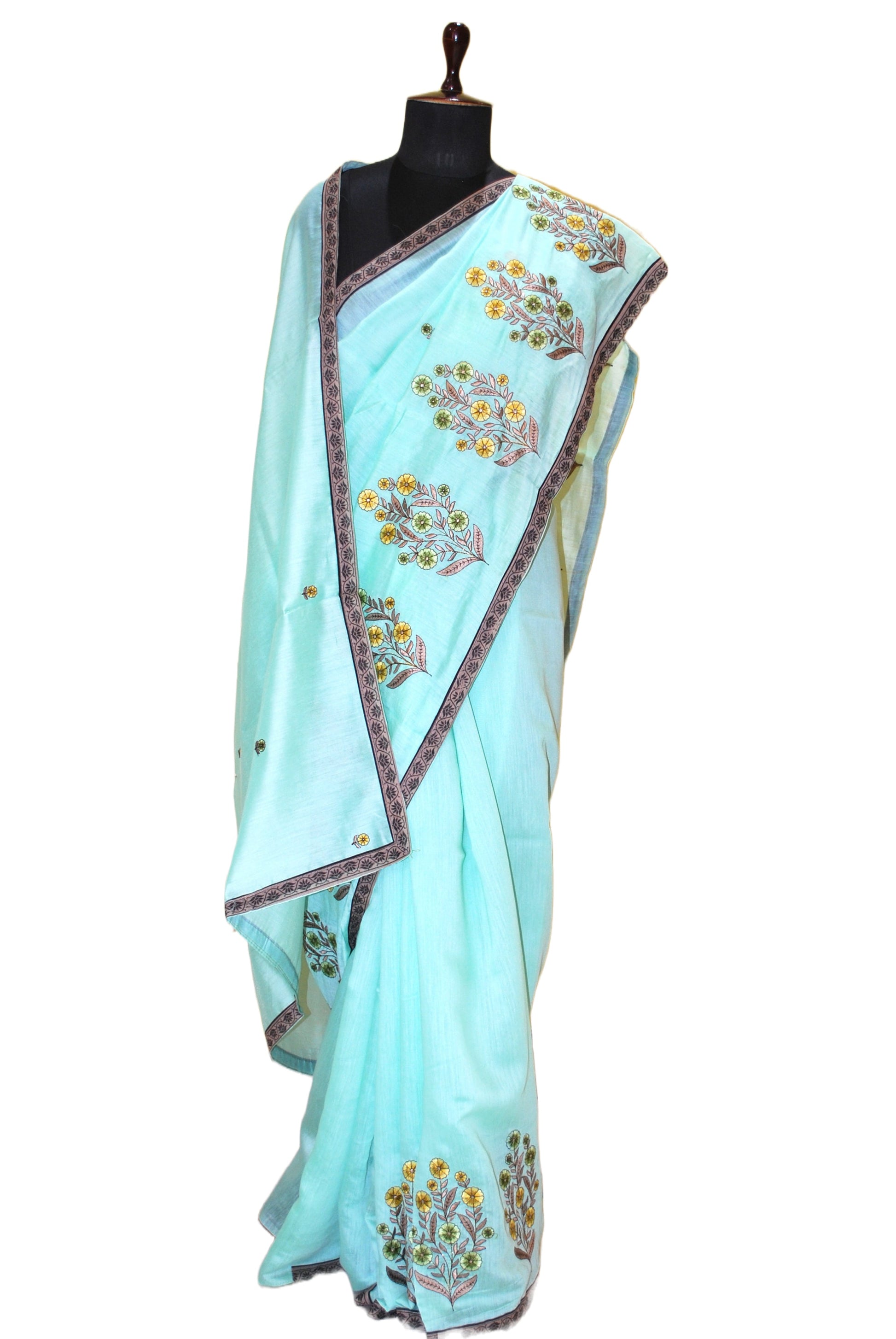 Embroidery Work Semi Georgette Saree in Seafoam Green, Black And Multicolored