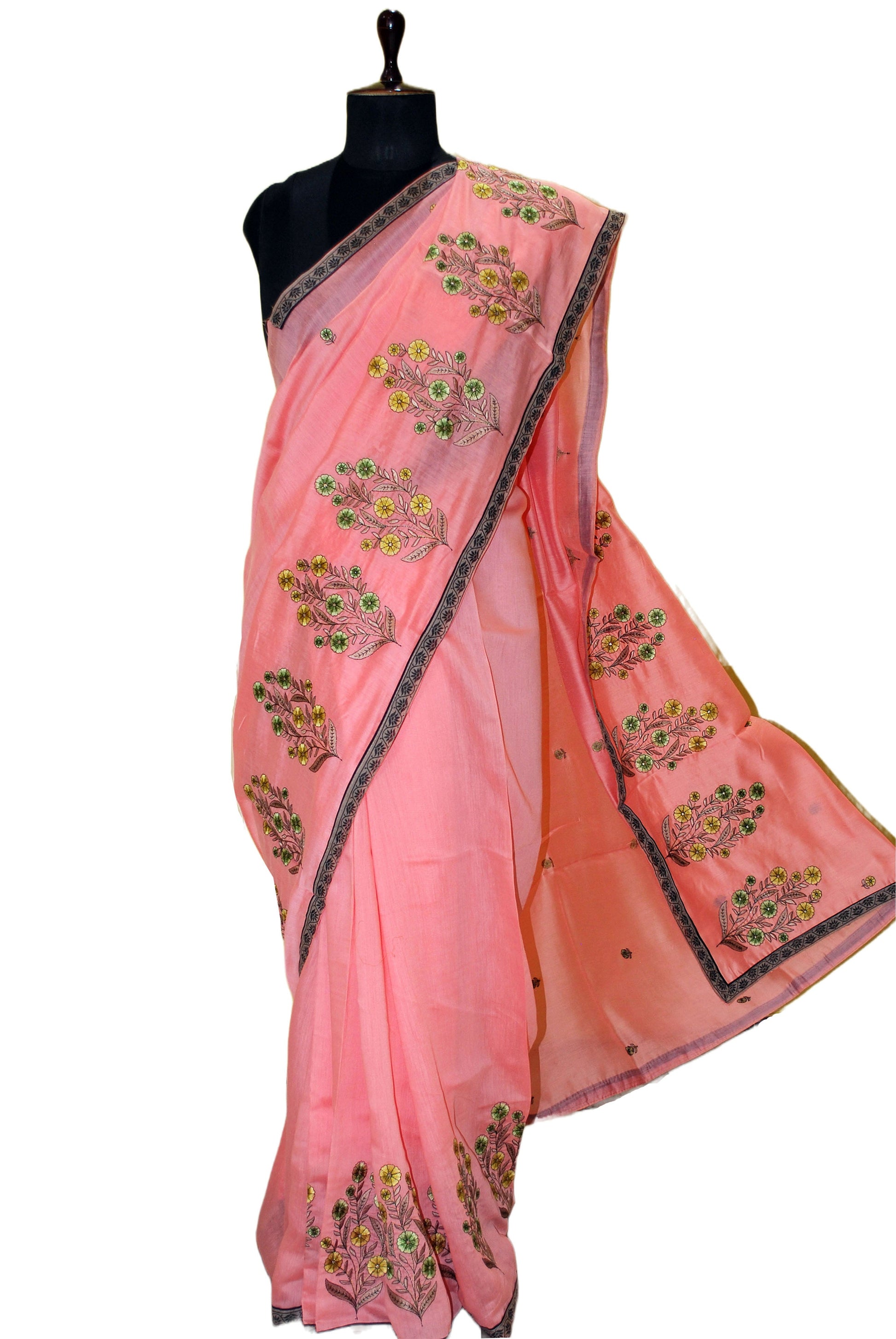 Embroidery Work Semi Georgette Saree in Peach, Black And Multicolored