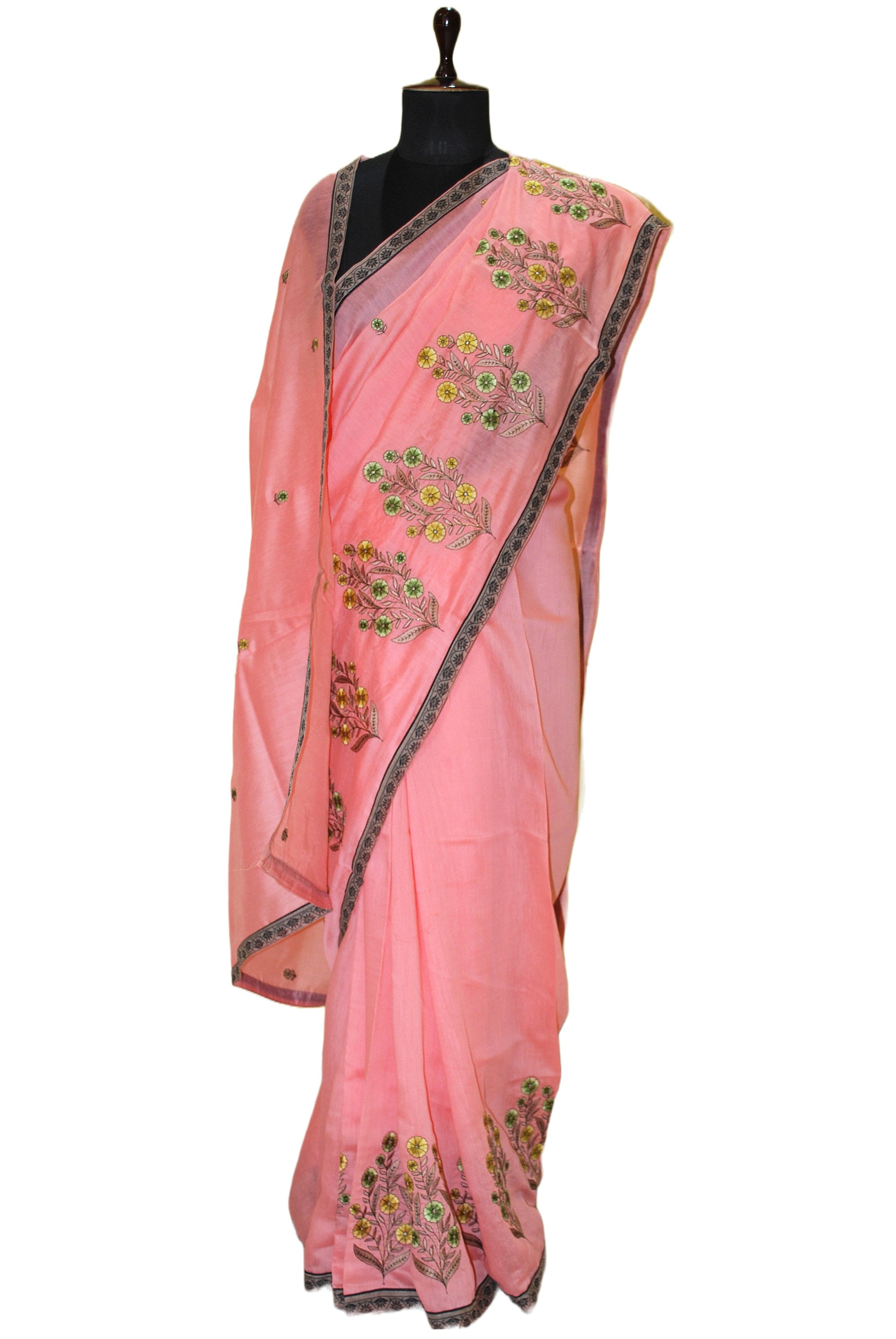 Embroidery Work Semi Georgette Saree in Peach, Black And Multicolored