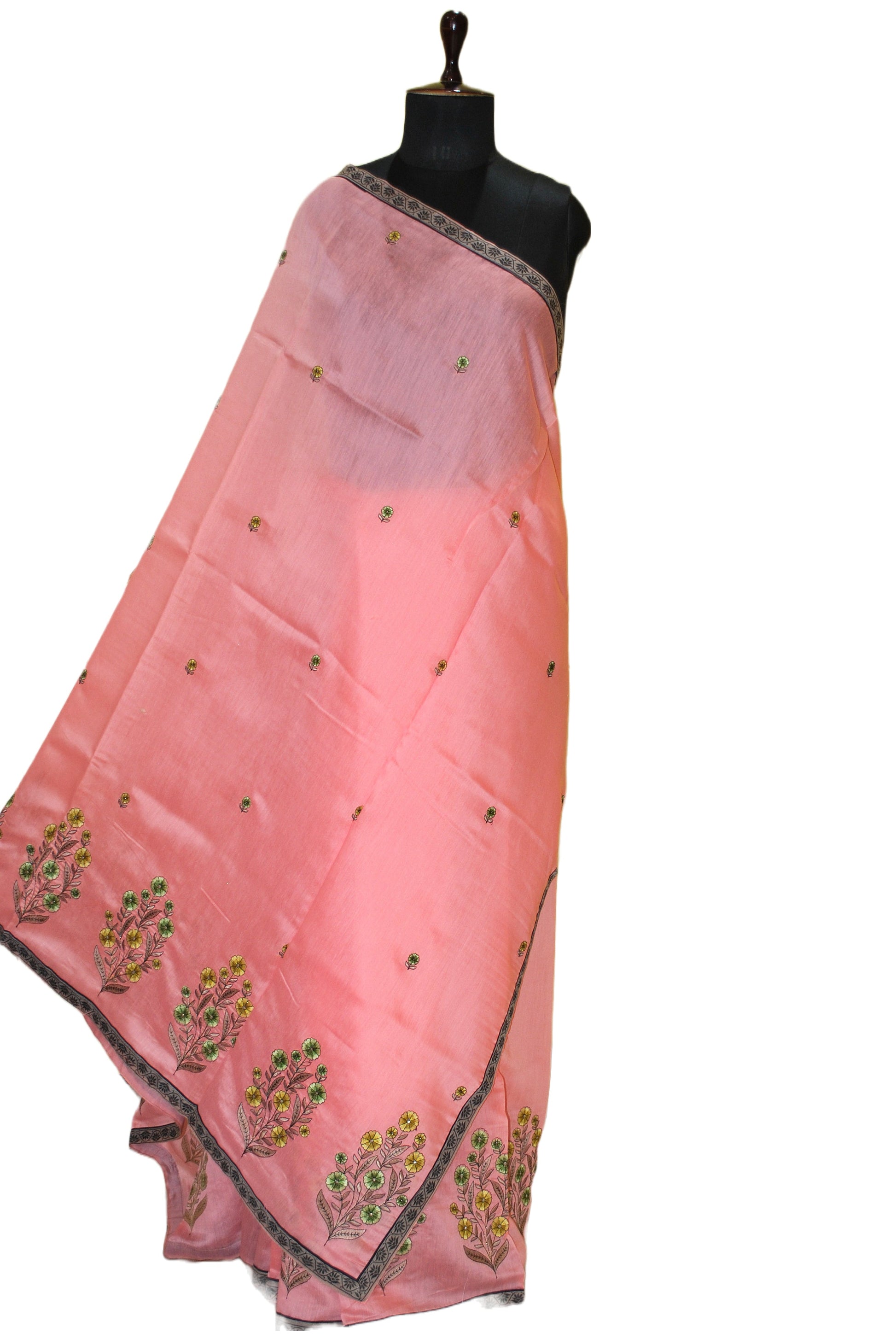 Embroidery Work Semi Georgette Saree in Peach, Black And Multicolored