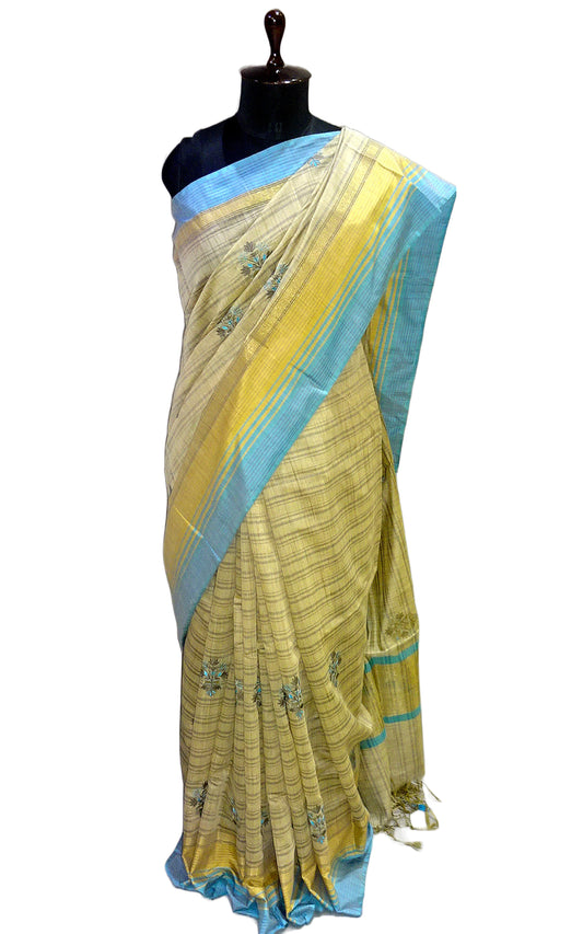 Embroidery Work Semi Tussar Saree in Beige and Pastel Blue