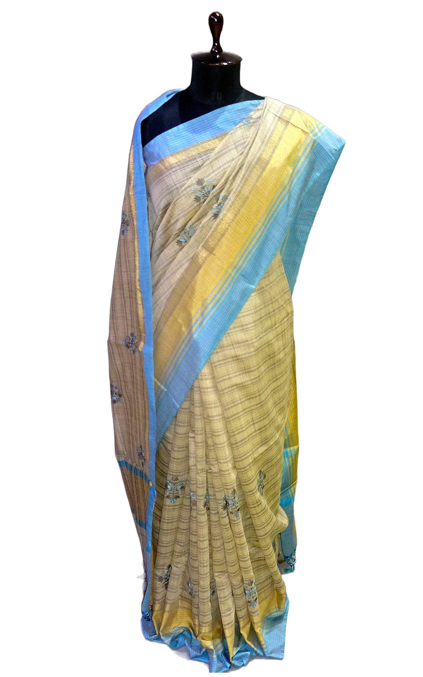 Embroidery Work Semi Tussar Saree in Beige and Pastel Blue