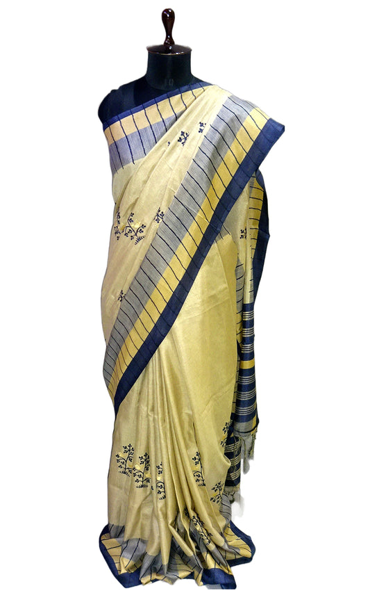 Embroidery Work Soft Kosa Silk Saree in Cream, Khaki and Navy Blue Thread Work