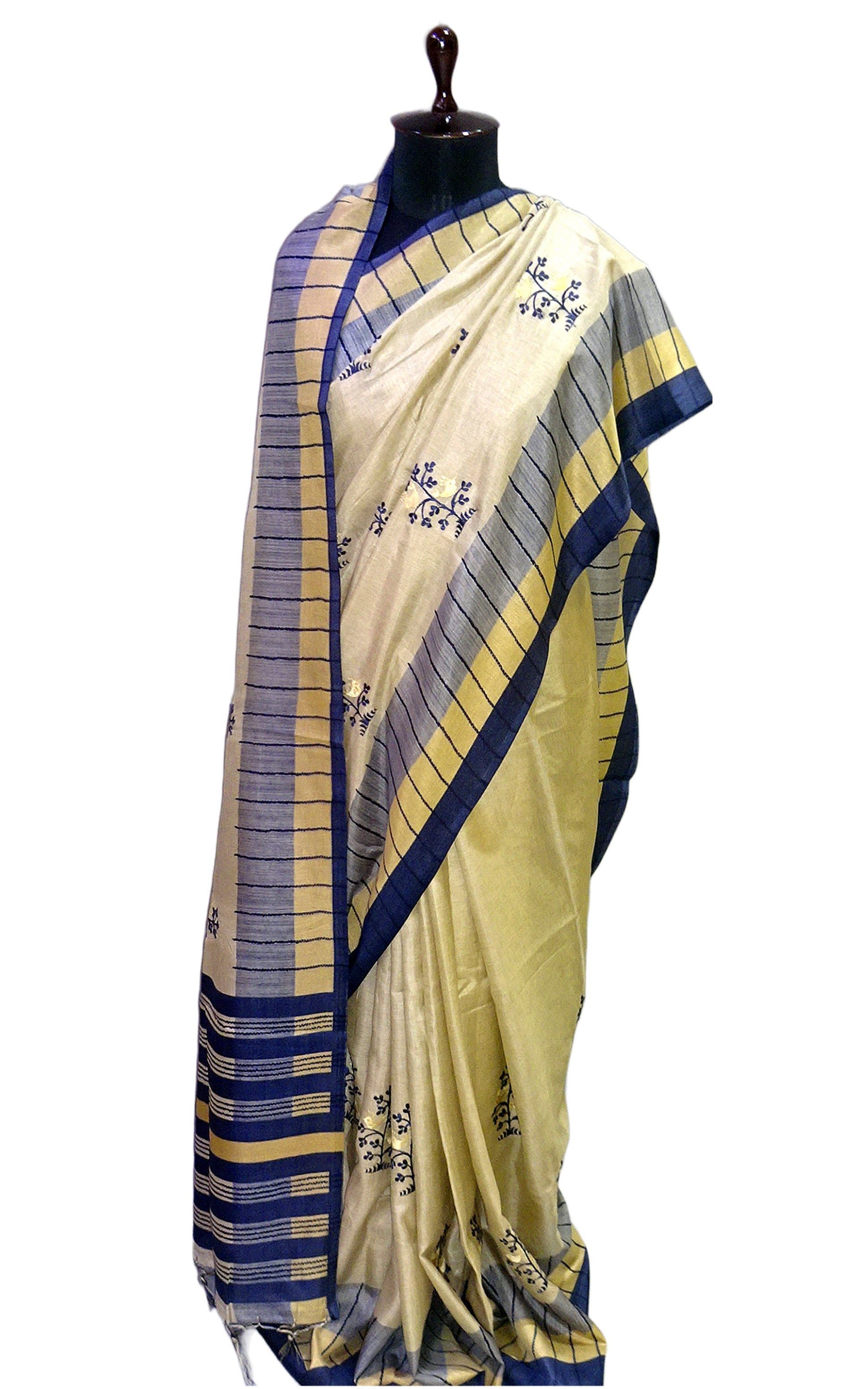 Embroidery Work Soft Kosa Silk Saree in Cream, Khaki and Navy Blue Thread Work