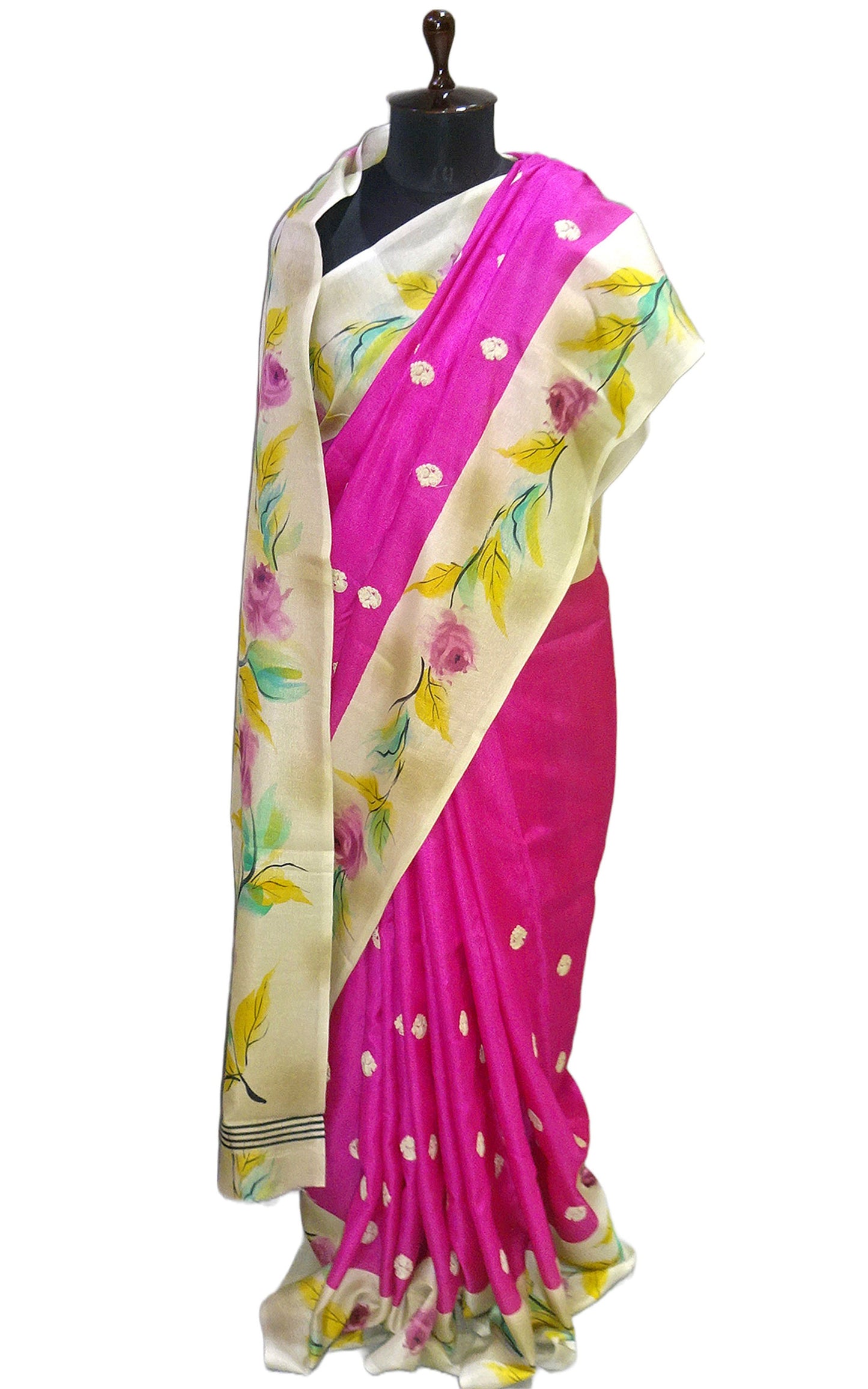 Embroidery Work Soft Kosa Silk Saree in Fuscia, Beige and Multicolored