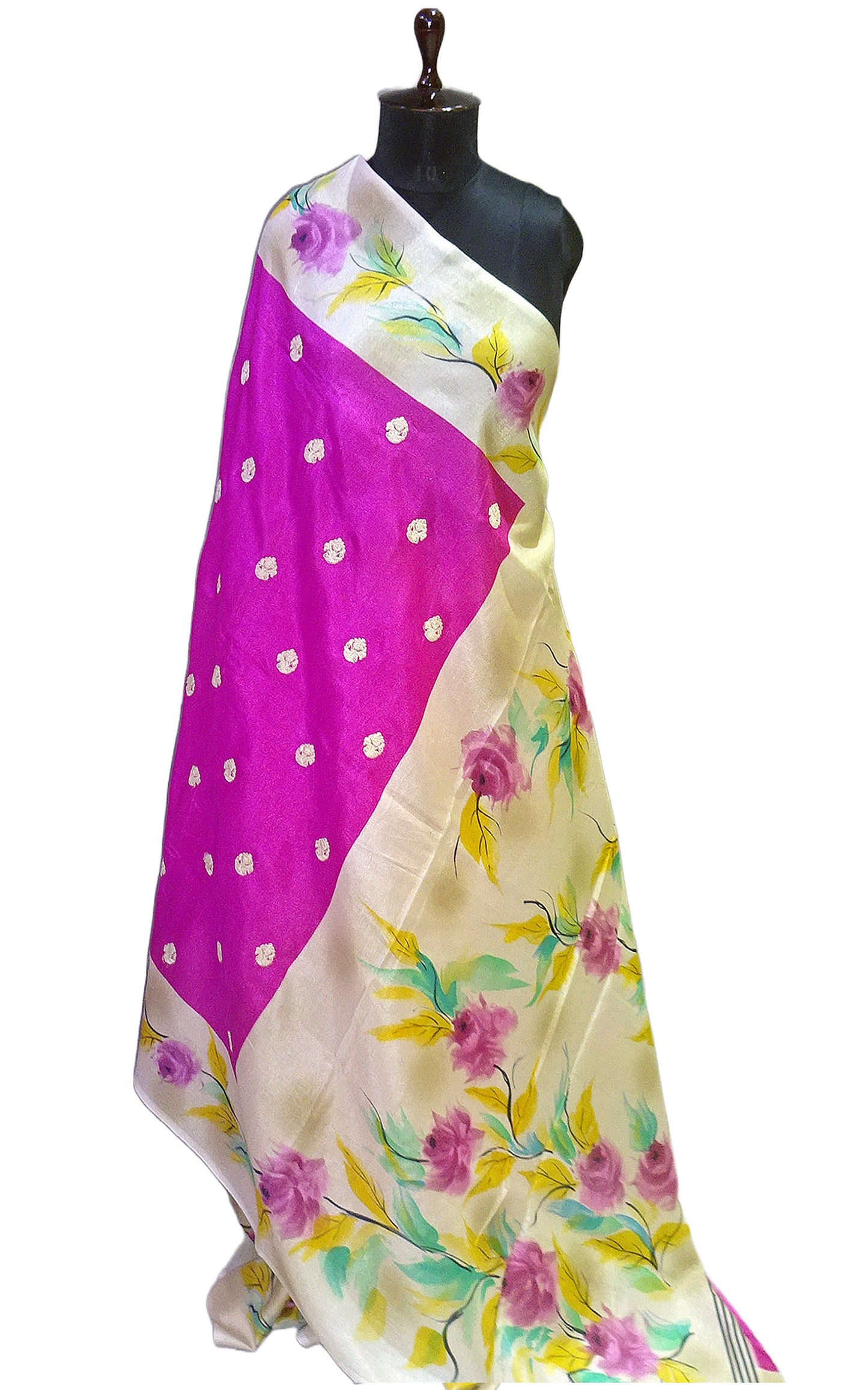 Embroidery Work Soft Kosa Silk Saree in Fuscia, Beige and Multicolored