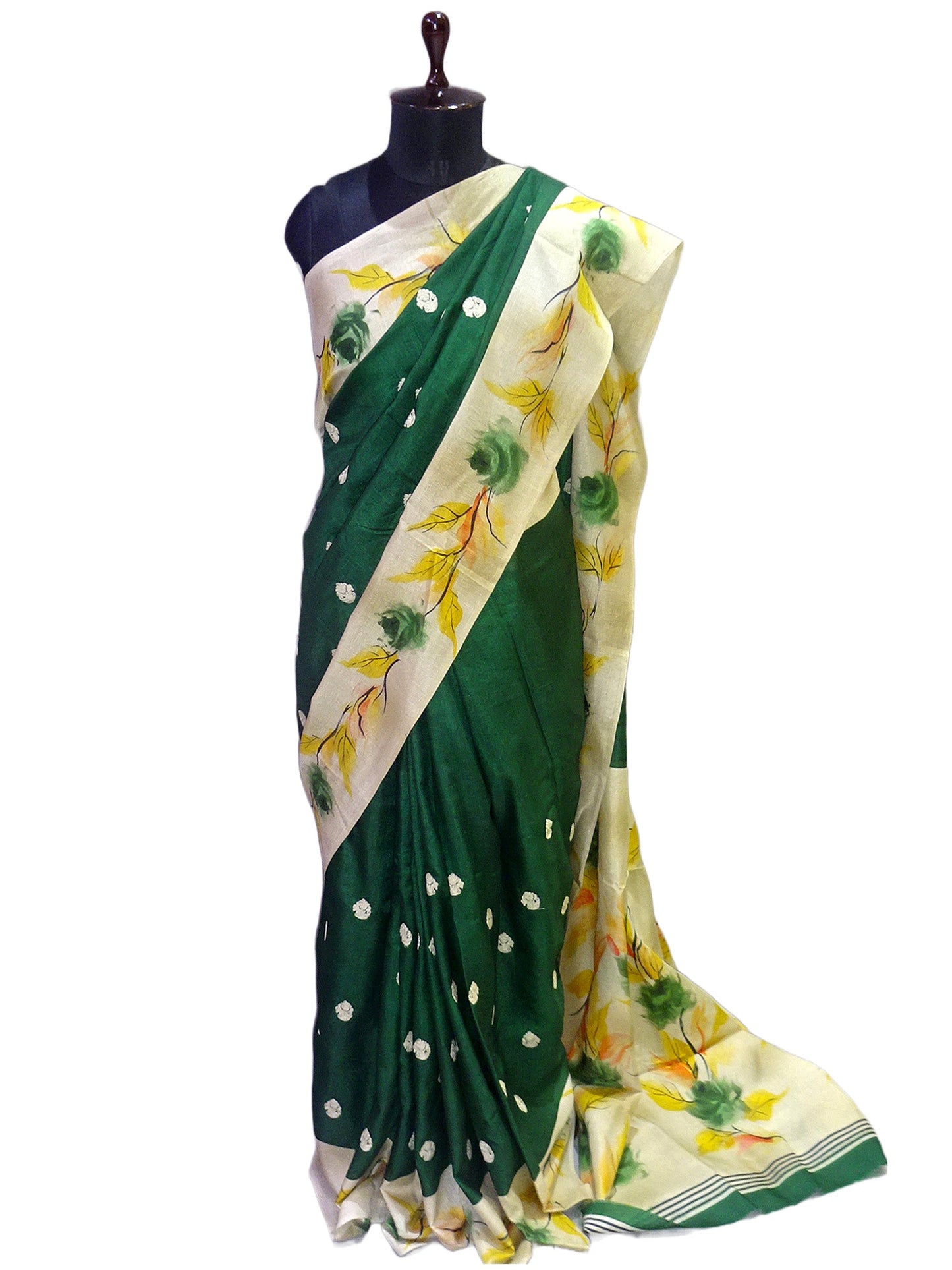 Embroidery Work Soft Kosa Silk Saree in Phthalo Green, Beige and Multicolored