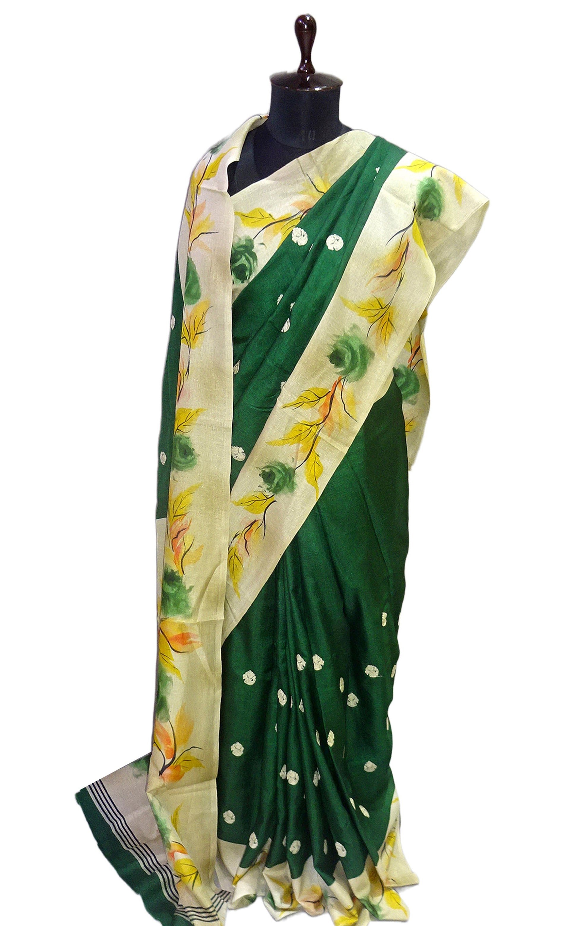 Embroidery Work Soft Kosa Silk Saree in Phthalo Green, Beige and Multicolored