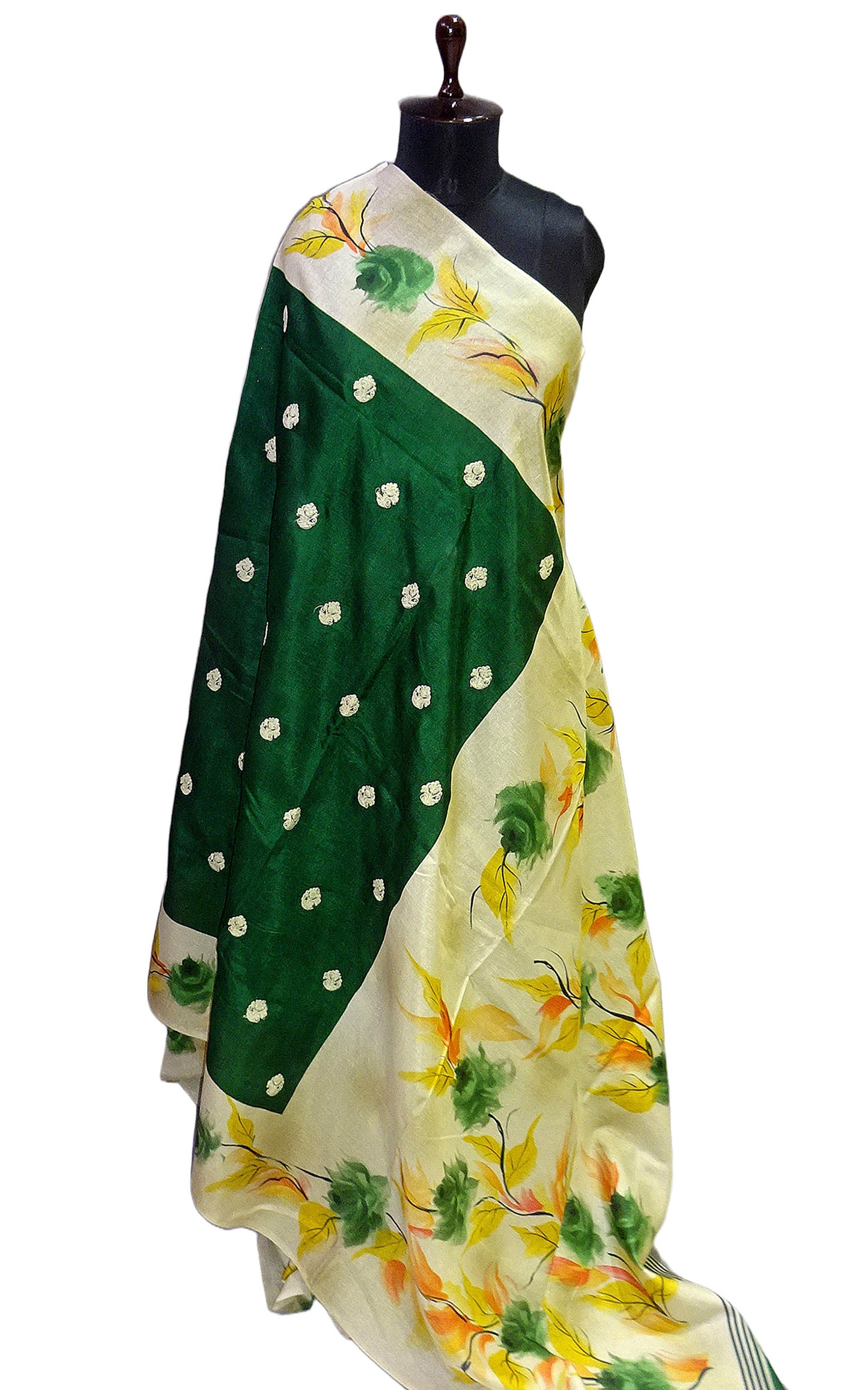 Embroidery Work Soft Kosa Silk Saree in Phthalo Green, Beige and Multicolored