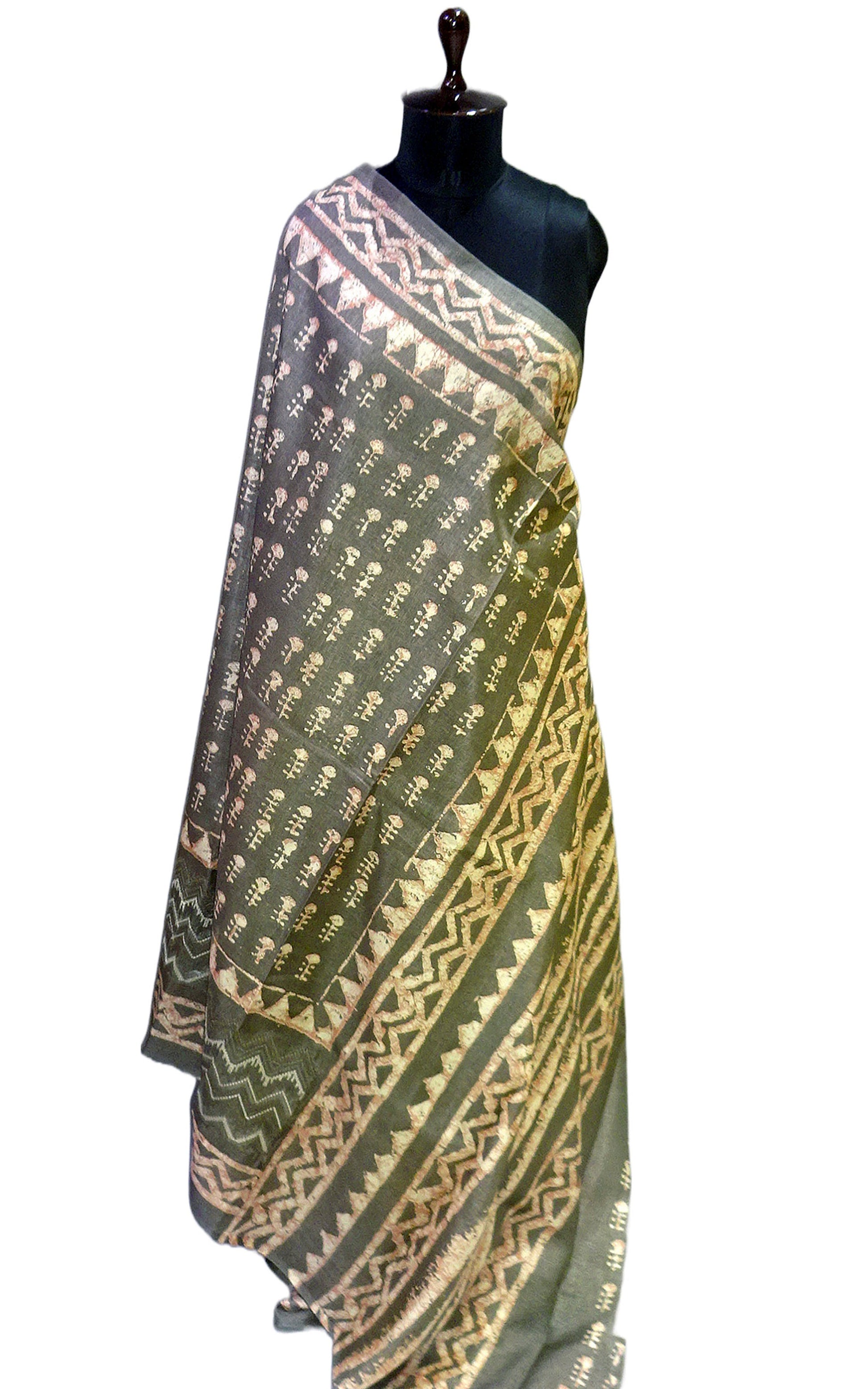 Batik Printed with Embroidery Work Soft Kosa Silk Saree in Fossil Grey, Off White and Light Brown