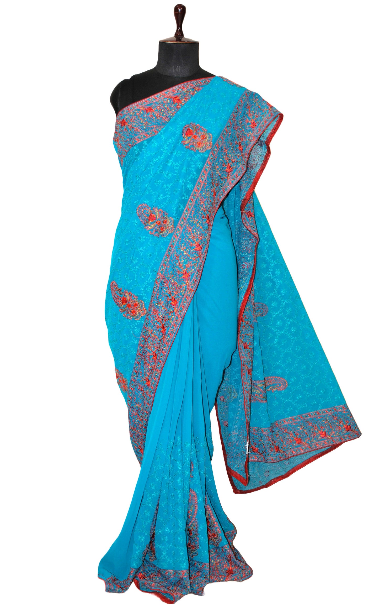 Kashmiri Embroidery Thread Work Georgette in Light Capri Blue, Red, Yellow and Natural Green